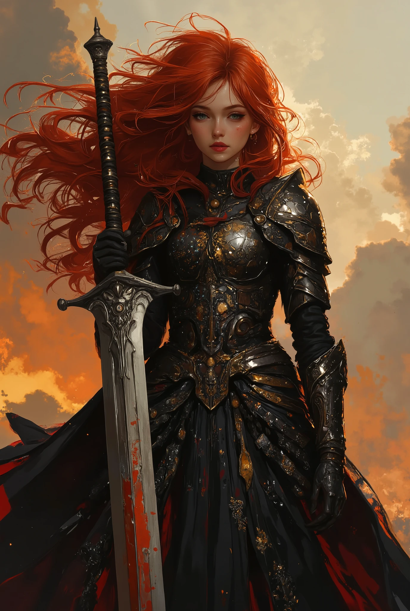 Female knight, chaotic long hair, ultra-detailed, realistic lightning, cinematic, lightning, vampire