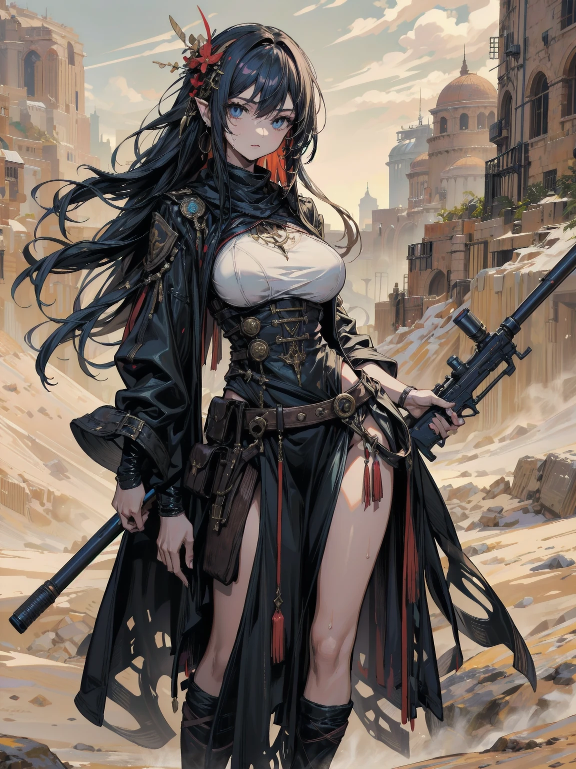 best quality, official art, masterpiece, textile shading, HDR, very detailed, colorful, best details, fantasy, battle armor,1 human female, 25 years old, 3 boys bandits, Multiple horny bandits,Anxious and frightened expression, standing on stairs,Inside the cave,Dim brightness,choppy hair, big breast, skinny,Surrounded by a horde of bandits:1.9、Bandits in heat、Feeling like I&#39;m about to be attacked、Mysterious atmosphere、cameltoe:1.3, looking back, ground level shot:1.9, fighting stance