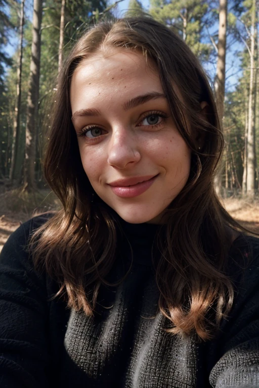 Instagram photo, close-up face shot of 23 years. Chloe in a black sweater , light skinned, (smiling:0.4), hard shadows, in the forest, (look at the landscape )