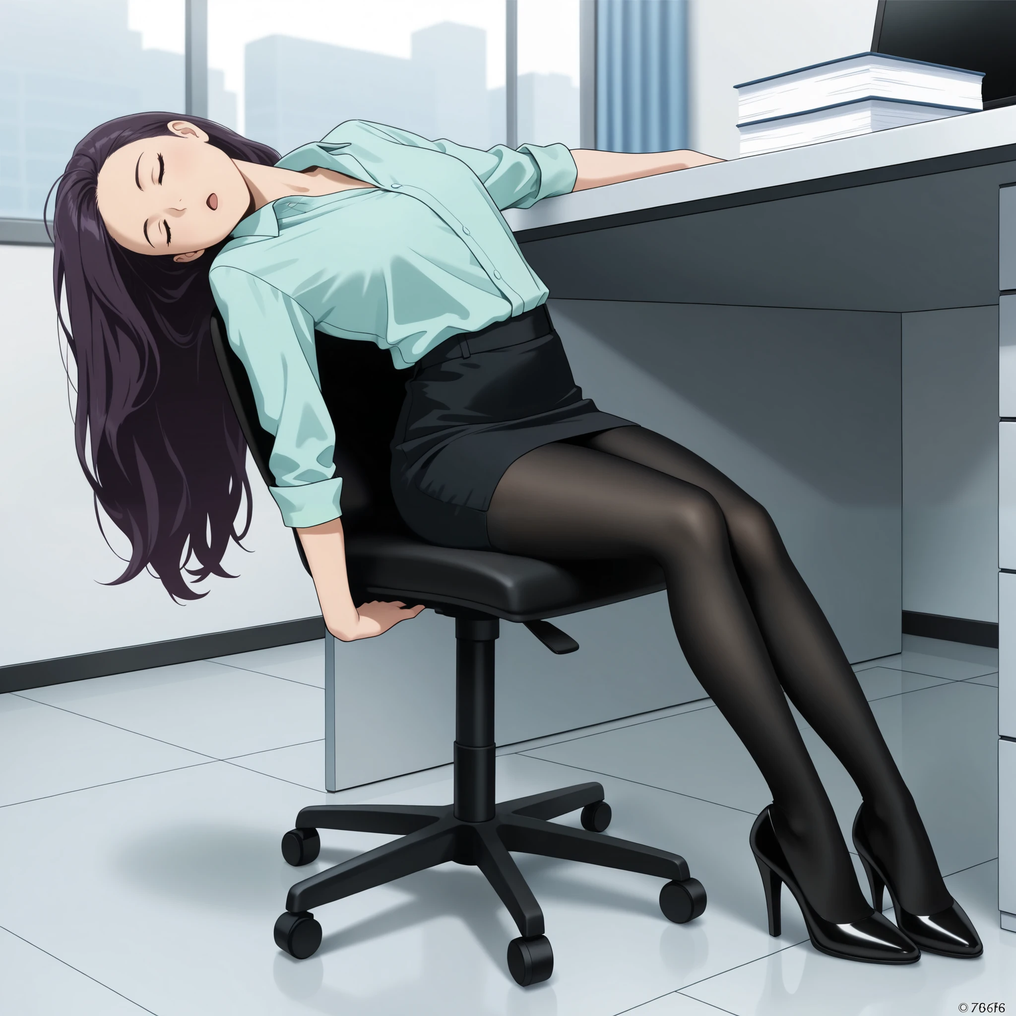 masterpiece, best quality, 1girl, {sleepy:3.0}, {tights:4.0}, black legwear, open mouth, pencil skirt, dress shirt, mint shirt, office, official art, purple hair, long hair, leaning backwards, head tilt, legs bent inward, flat art style, high heels, sitting, bored, spaced out, dozing off, opaque pantyhose