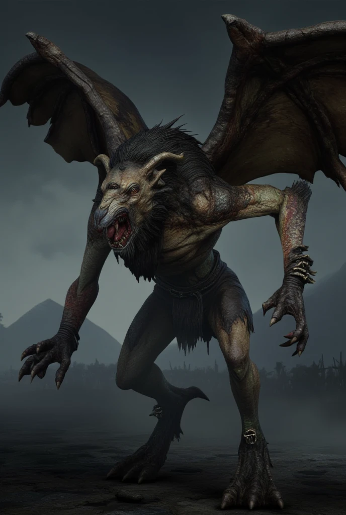 A Chimera monster that has a body of a wendigo and demonic wings on its back and it has the head of a wolf a second head of a lion the right part of its face decaying.