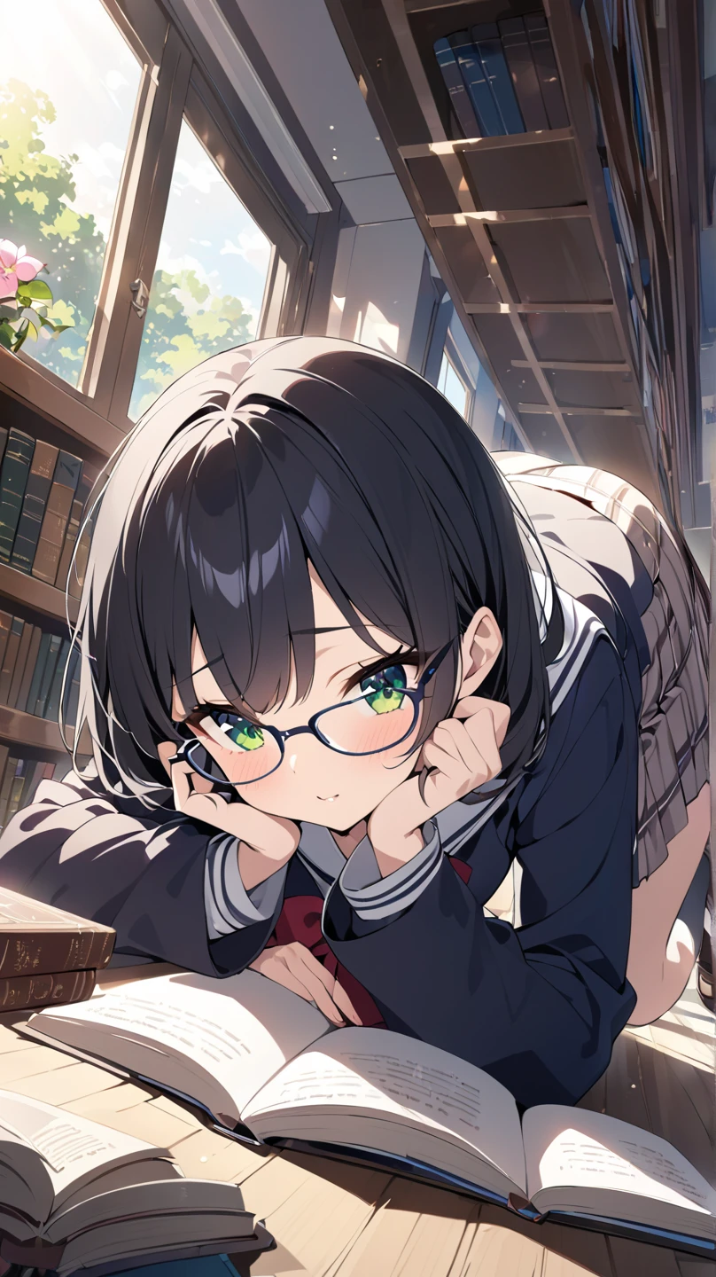 ((masterpiece)), ((highest quality)), (super detailed), ((cute)), cute, (Lovely), ((しんじられないほど超cute)), (device), ((very detailed)), 4k, (8k), highest quality, (beautiful), water colored pencils, genuineistic, genuine, focus on the face, whole body concentration, School, spring, Beautiful Beautiful Girl, alone, sailor suit, beautiful dark brown hair, beautiful purple eyes, ((beautiful eyes with highlights )), white skin, bob cut ponytail, transparent hair, translucent hair, big breasts, detailed and shiny tights, Glasses, smile, wind effect, reflection effect