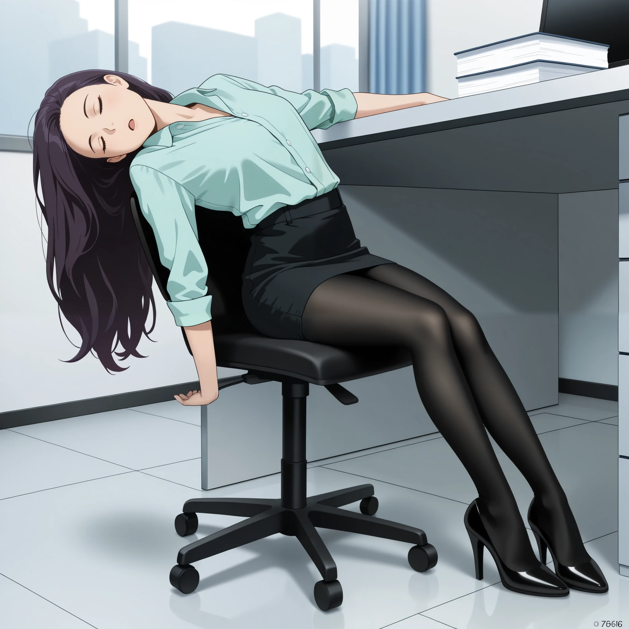 masterpiece, best quality, 1girl, {sleepy:3.0}, {tights:4.0}, black legwear, open mouth, pencil skirt, dress shirt, mint shirt, office, official art, purple hair, long hair, leaning backwards, head tilt, legs bent inward, flat art style, high heels, sitting, bored, spaced out, dozing off, opaque pantyhose, limp arm, open hand