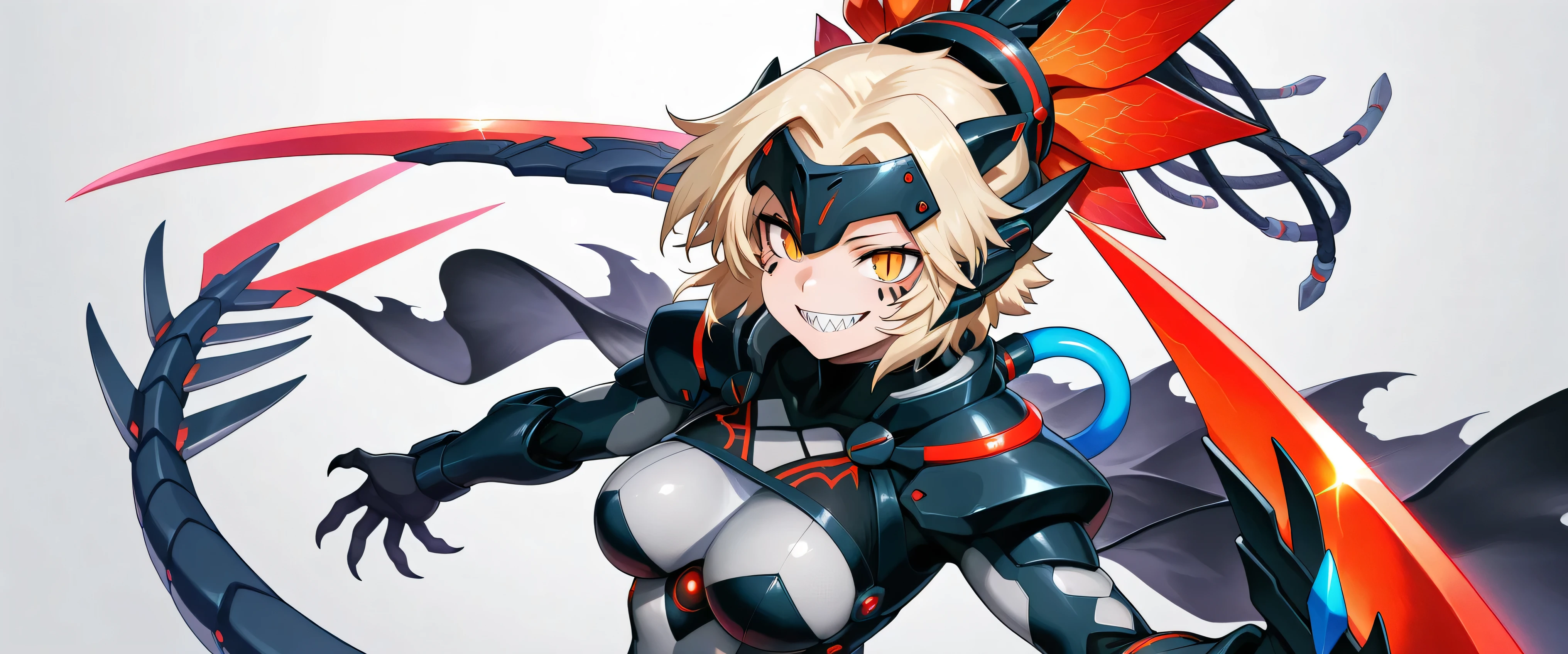 dinomorphia kentregina, 1girl, solo, (((sharp teeth))), smile, looking at viewer, mechanical headgear, grey bodysuit, medium breasts, upper body, slit pupils, simple background, mechanical gauntlets, mechanical forehead protector, facial mark, red arm blade, see-through cape, mecha dragon girl, from above,
masterpiece,best quality,amazing quality,very aesthetic,absurdres,newest,