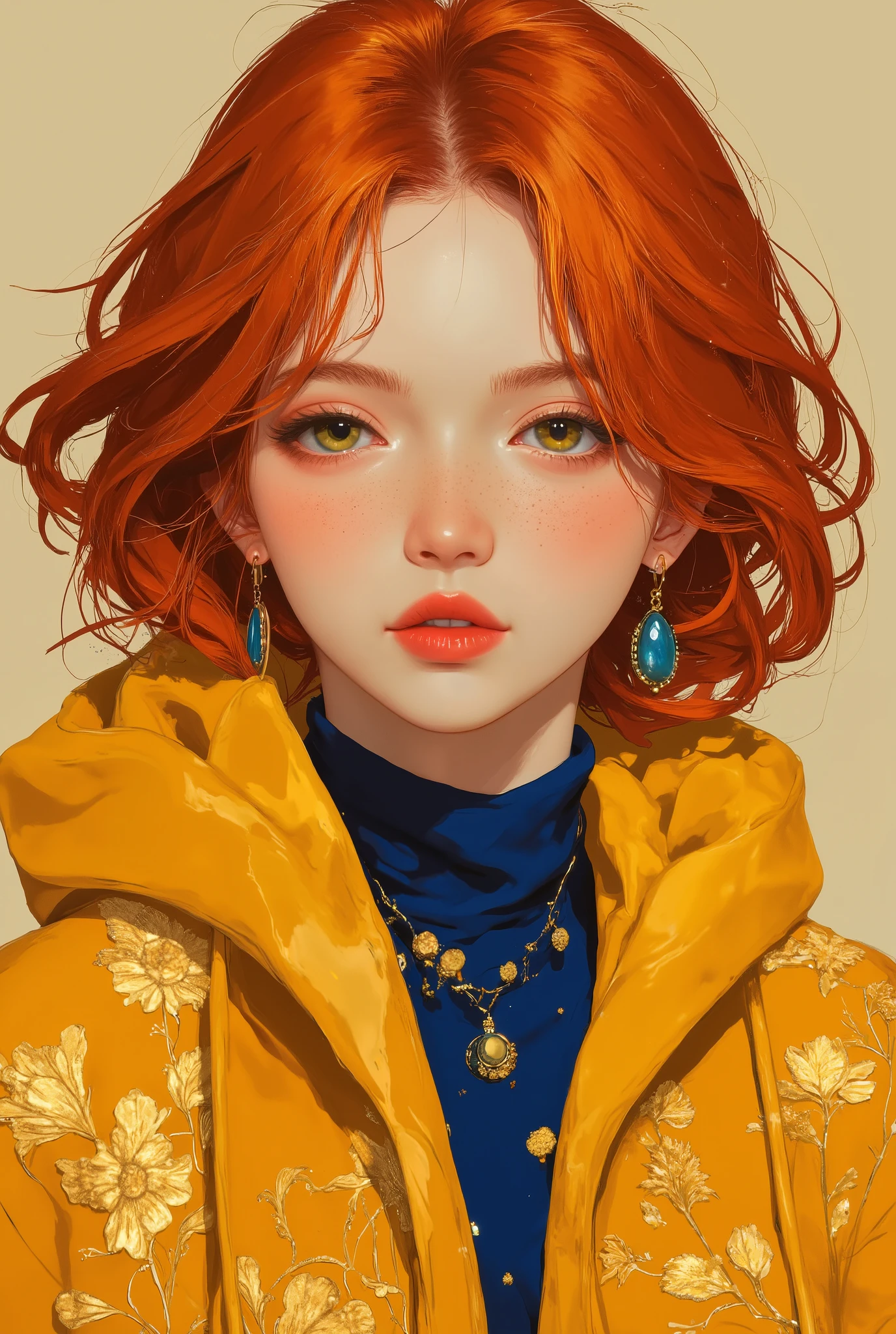 A hyper-realistic close-up portrait of an extraordinarily handsome 19-year-old man with a cheerful expression and a small, gentle smile. His vibrant red hair cascades in soft, wavy locks, glowing like warm embers, with subtle golden highlights that evoke the radiance of Buttercups (Ranunculus). His golden-hazel eyes shimmer with life, framed by thick, dark eyelashes and perfectly arched eyebrows that add to his youthful charm and optimism.

His skin is smooth and radiant, with a warm golden undertone, textured lightly with a natural softness that reflects the glow of youth. Faint freckles scatter across his cheeks and nose, like tiny sunlit spots on a buttercup petal. His lips are naturally rosy and slightly parted in a small smile that exudes warmth and positivity, enhancing his cheerful and approachable demeanor.

He wears a deep-yellow wizard’s robe with intricate embroidery inspired by Buttercups, featuring petal-like designs traced in shimmering gold thread. The robe flows elegantly but retains a youthful energy in its tailoring. Beneath the robe, he wears a Picton blue turtleneck, its soft and vibrant tone complementing the warm yellow of his robe. His wizard’s hat, matching the robe, is adorned with subtle golden accents resembling the delicate veins of buttercup petals, symbolizing his resilience and charm.

The background is plain and softly lit in a creamy white or light beige, creating a clean and minimalistic setting that highlights his bright, youthful features and vibrant attire. The focus remains entirely on his lively expression and the intricate details of his outfit, embodying the charm, resilience, and joy associated with Buttercups.
