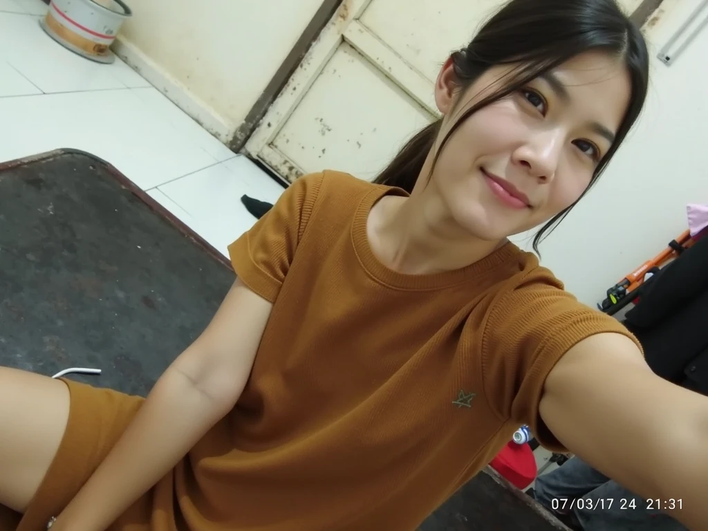 A beautiful japanese girl taking selfie with his phone in front of mirror, wearing yellow tshirt with white collar, big , sweating