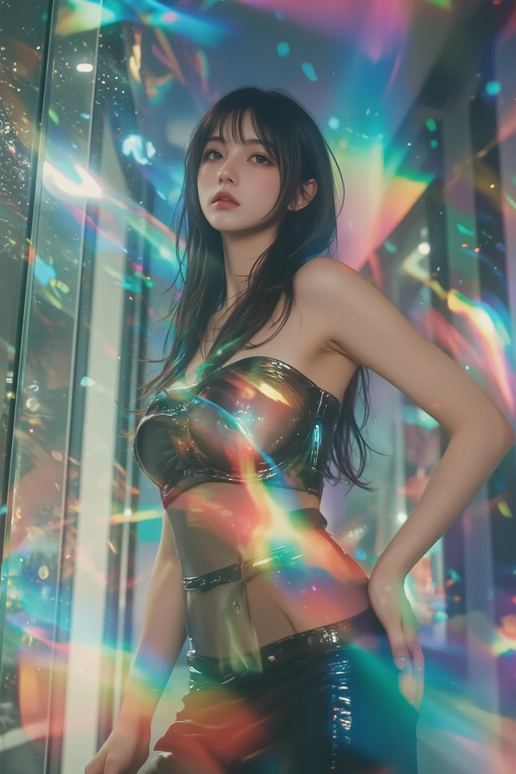 best quality,masterpiece,1girl, solo, (torn clothes:1.3), blush,,white vest, black leather pants,black leather jacket,in space,floating_hair