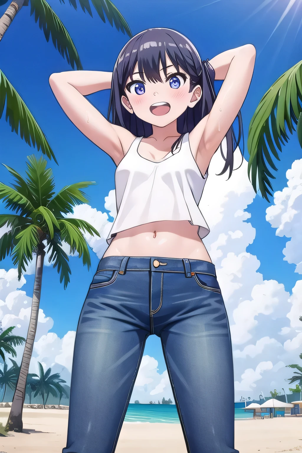 masterpiece,best quality,ultra detail, ((Perfect Face, Perfect Arms, Perfect hands, Perfect Fingers)), 1girl, 14yo, petite, ((round face, ecstasy, orgasm face, drooping eyes, shame smiling, blush)), dropping eyes, sleepy, Open mouth, ((White teeth)), background((under the beach, (day:1.2), palm tree, bright sky)), rikka takarada, black hair, blue eyes, long hair, ((arms behind head, hands behind head, fingers behind head)), contrapposto, spread armpits, looking at viewer,, (white tank top:1.2), (white crop top:1.2), (jeans pants:1.2, flares jeans:1.2, skinny jeans:1.2, blue jeans:1.2), standing, (legs spread:1.4), sex pose, Sweaty crotch, Steam from the crotch, from below, ((full medium body))