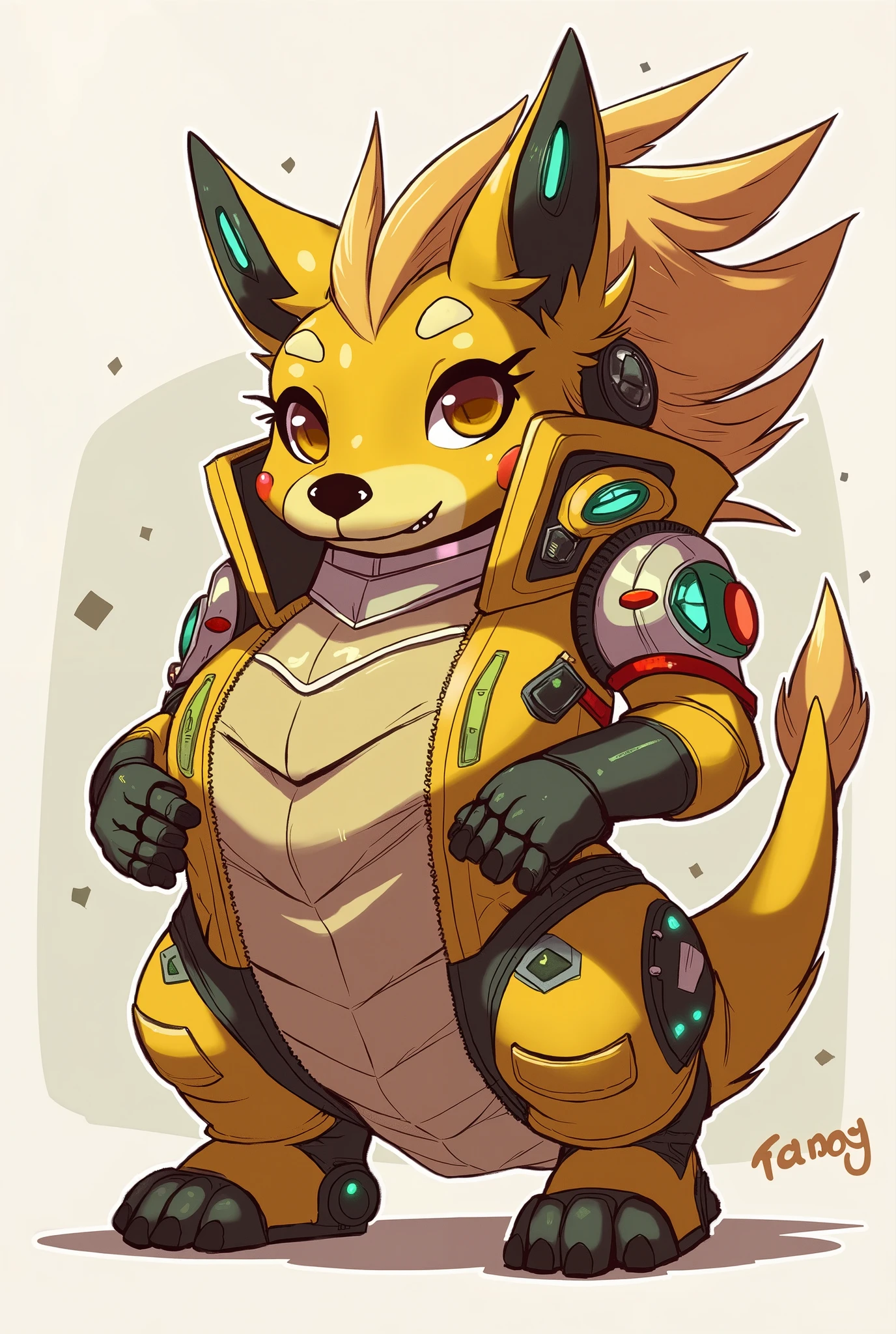 Agumon protogen yellow with small teeth and brown eyes reminiscent of a Tyrannosaurus Rex
