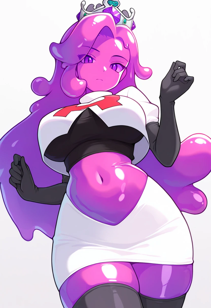 ((best quality)), (((masterpiece))), art by sunnysundown, 1girl, breasts, solo, long hair, pink hair, white background, gigantic breasts, simple background, arms behind back, sweatdrop, sweater, skirt
