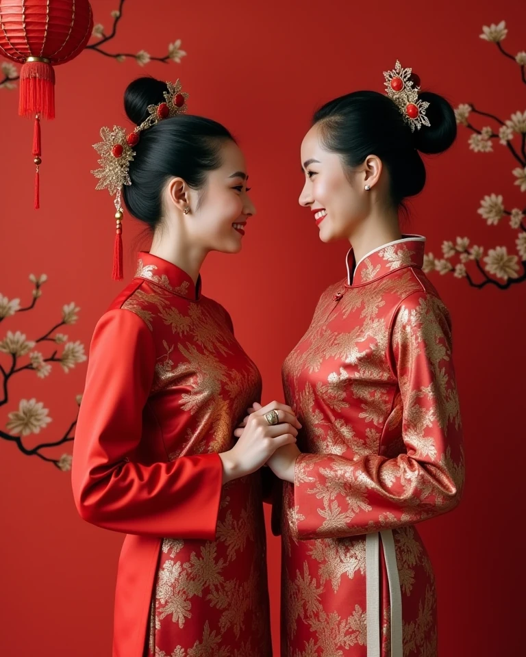 You help me create pictures, Pure Vietnamese lesbianism, a council lady and a maid... Standing next to each other wearing Vietnamese traditional costumes Xxx