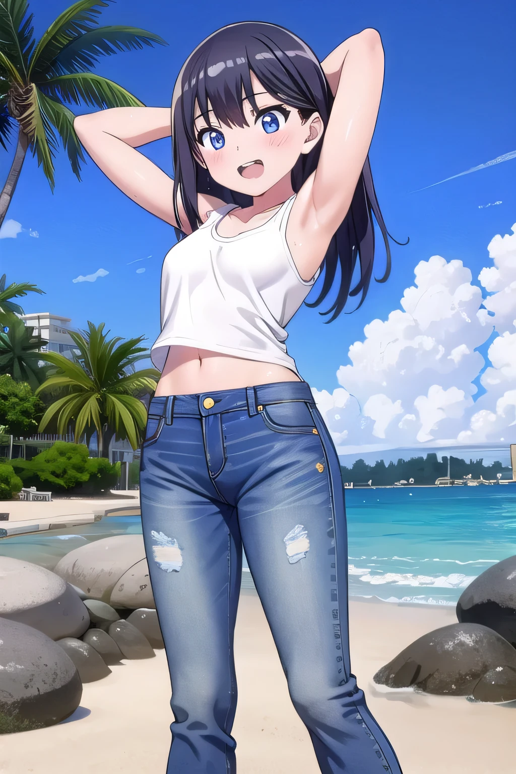masterpiece,best quality,ultra detail, ((Perfect Face, Perfect Arms, Perfect hands, Perfect Fingers)), 1girl, , peti ((round face, ecstasy, orgasm face, drooping eyes, shame smiling, blush)), dropping eyes, sleepy, Open mouth, ((White teeth)), background((under the beach, (day:1.2), palm tree, bright sky)), rikka takarada, black hair, blue eyes, long hair, ((arms behind head, hands behind head, fingers behind head)), contrapposto, spread armpits, looking at viewer,, (white tank top:1.2), (white crop top:1.2), (jeans pants:1.2, flares jeans:1.2, skinny jeans:1.2, blue jeans:1.2), standing, (legs spread:1.4), sex pose, Sweaty crotch, Steam from the crotch, from below, ((full medium body))