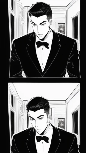 (((Black and white illustration with converging lines)))、(((Young handsome man with surprised face))),profile、Draw the face with the space open、