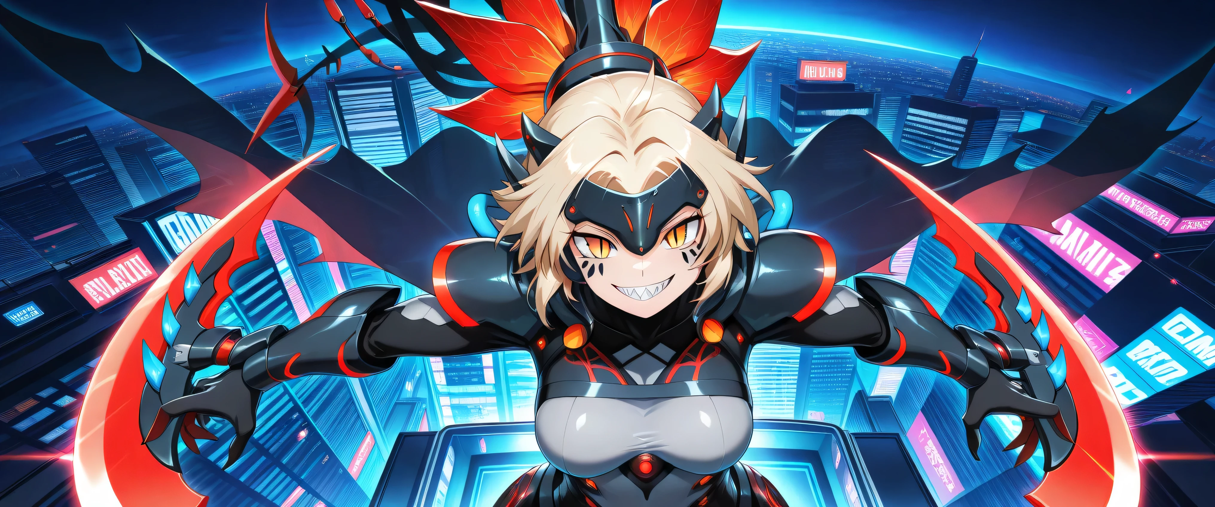 dinomorphia kentregina, 1girl, solo, (((sharp teeth))), smile, looking at viewer, mechanical headgear, grey bodysuit, medium breasts, upper body, slit pupils, city background, mechanical gauntlets, mechanical forehead protector, facial mark, red arm blade, see-through cape, mecha dragon girl, from above, 
masterpiece,best quality,amazing quality,very aesthetic,absurdres,newest,