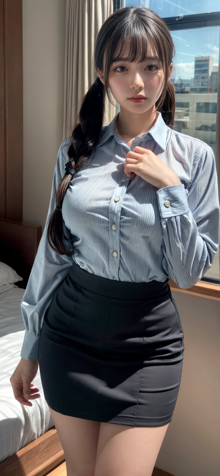 realisitic、Curvaceous woman standing alone, Woman in black business suit, with a business suit on, businesswoman, Woman in business suit, Wearing a white collar shirt under a suit、thick skirt、tight skirts、Girl in a suit, female in office dress, , Girl in suit, young business woman, in a business suit, business outfit, Wear a suit、Office Suits、Not wearing glasses、professional photograpy、Does not expose the skin, Japanese Models,、,The skin is not exposed、fleshy body, large boob、 hard 、、big butts、Big belly、thick waist、Body without tone、thick thight、thick arms、Round face、Fat face、chubby cheeks、Sauce order、big eye、A dark-haired、short-haired、Standing facing the front、Left hand pose on the hip、Right hand is down in a pose、Straight back posture、Sun background、chinese-Indonesian woman , full body , bracelet , necklace , glasses , short hairstyle , fat belly , thick hips