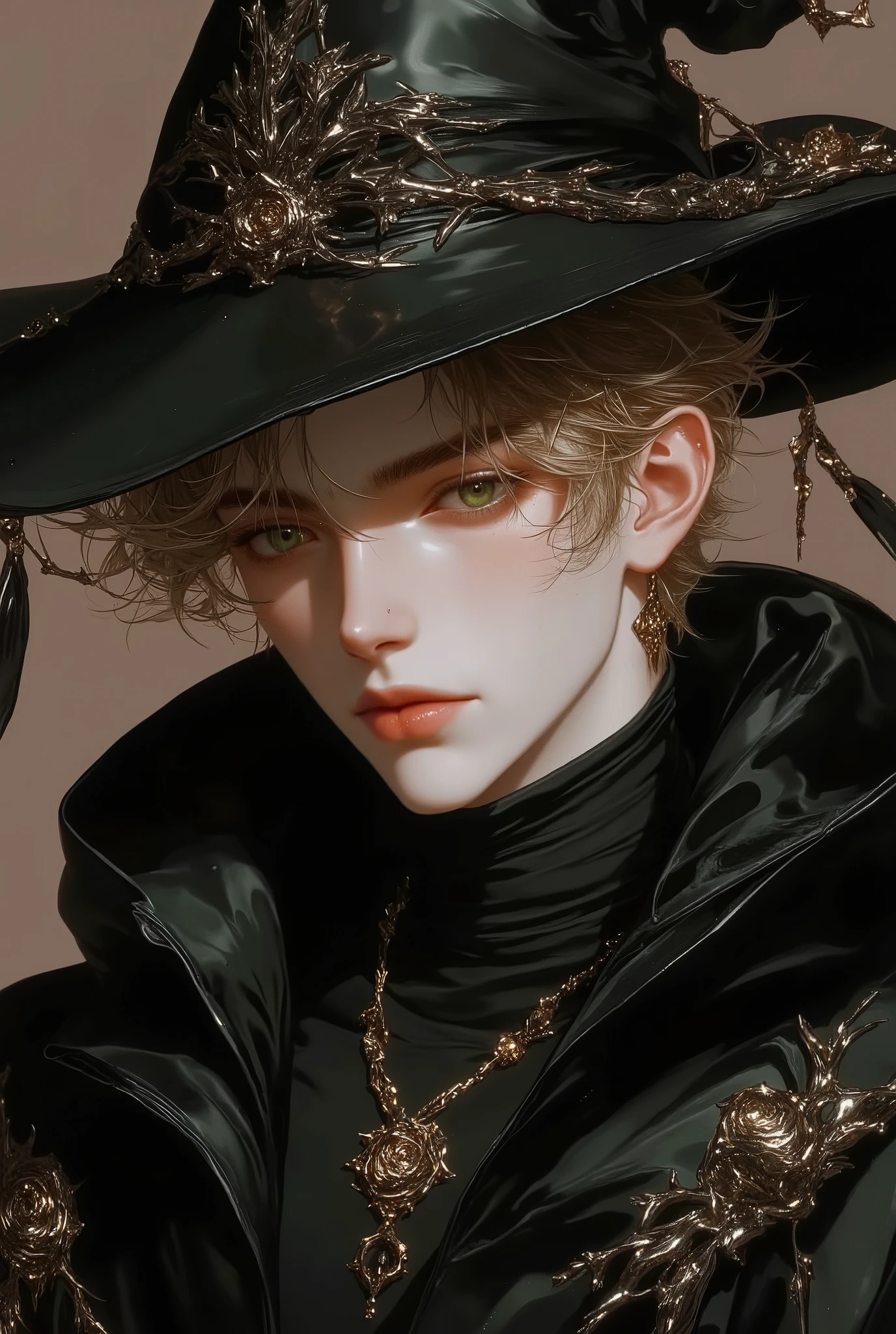 A hyper-realistic close-up portrait of an extraordinarily handsome man 18 yrs old with a mysterious aura, inspired by the symbolism of black magic roses. He has blonde, curly hair that falls naturally, catching the light with a soft shine that enhances his youthful yet refined look.. , giving him an athletic yet elegant appearance. His skin has a natural, slightly freckled texture, adding character to his appearance. His eyes are striking green, like in the first reference, adding a mesmerizing and intense look
He wears an eerily detailed black wizard's robe, embroidered with glowing patterns of thorny vines and black roses along the edges. The hat, wide-brimmed and slightly tattered, adds a touch of foreboding charm, with a subtle rose motif etched into the fabric. Beneath the robe, he wears an old rose pink turtleneck, its muted, dusty hue contrasting with the darkness of his attire and symbolizing faded love and mysterious beauty.

The textures of his clothing range from soft velvet and shimmering silk in the robe to the ribbed knit of the turtleneck, creating a rich, tactile contrast. The symbolic black magic roses entwined through his design evoke mystery, power, allure, and danger. Thorns symbolize resilience and hidden pain, while the velvety petals represent the seductive allure of secrets cloaked in shadows.

The background is a blurred, plain dark brown, designed to fade into subtle obscurity and enhance focus on the character. The simplicity of the background 