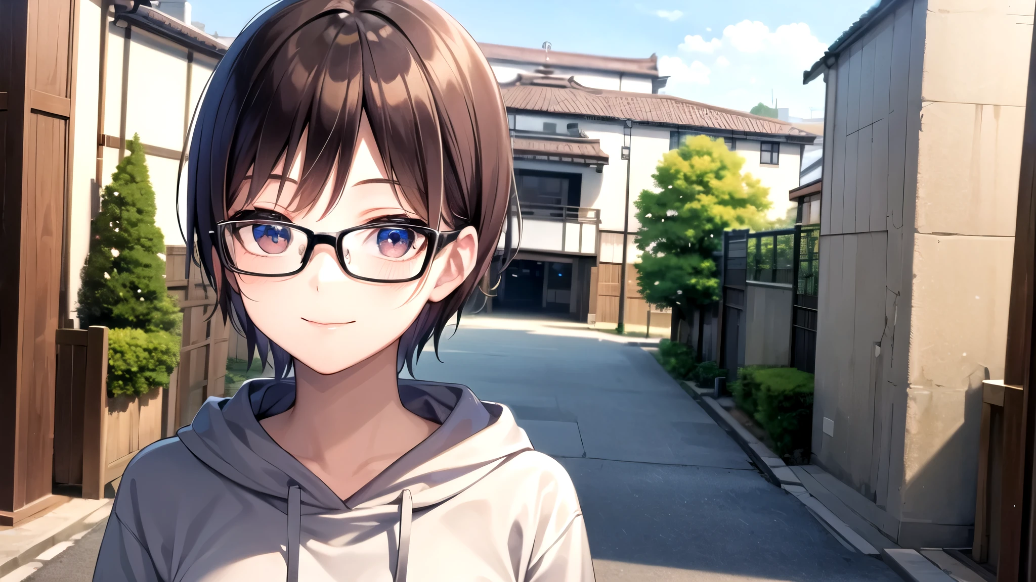 Top Quality , 16k, High Definition , 1girl , showing upper body , short black hair ,( beautiful detailed face), brown eyes with highlights, smile,20generation, Precise and beautiful streets of Japan, Moderate bust, hoodie, Glasses