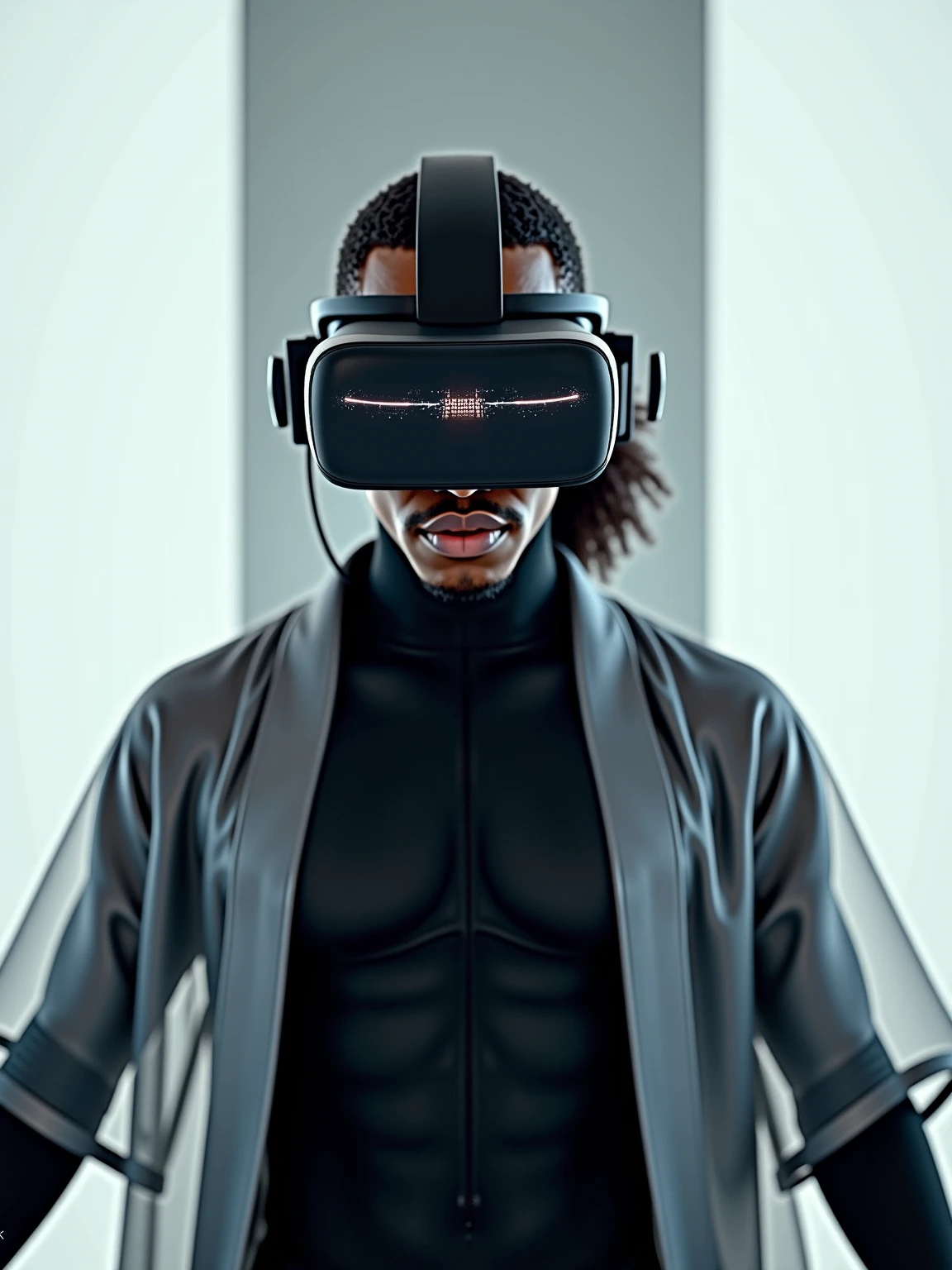 Visor with a horizontal glow line in the center、male、muscle。
