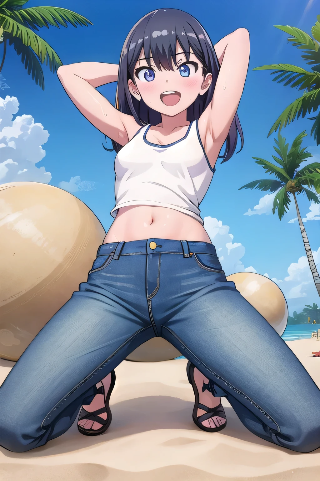 masterpiece,best quality,ultra detail, ((Perfect Face, Perfect Arms, Perfect hands, Perfect Fingers)), 1girl, , peti ((round face, ecstasy, orgasm face, drooping eyes, shame smiling, blush)), dropping eyes, sleepy, Open mouth, ((White teeth)), background((under the beach, (day:1.2), palm tree, bright sky)), rikka takarada, black hair, blue eyes, long hair, ((arms behind head, hands behind head, fingers behind head)), contrapposto, spread armpits, looking at viewer,, (white tank top:1.2), (white crop top:1.2), (jeans pants:1.2, flares jeans:1.2, skinny jeans:1.2, blue jeans:1.2), standing, (legs spread:1.4), sex pose, Sweaty crotch, Steam from the crotch, from below, ((full medium body))