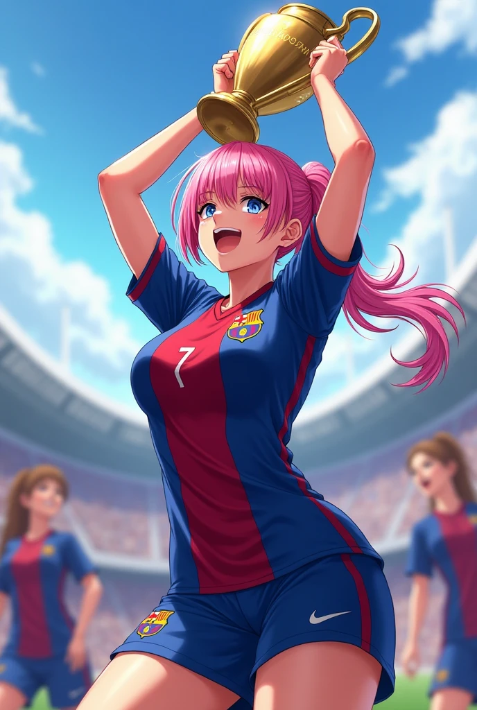 One Woman、beautiful girl、high school girl、Soccer uniforms、Barcelona uniforms、smile、Black sports panties、Shorts、pantspull、Football Stadium、soccer ball、The stands are full、Kicking the ball、Highest quality、Sweaty body、10 times、Sweaty crotch、Thick thighs、Big 、Big Ass、Supine Spider Pose、Lift your hips、Love juice