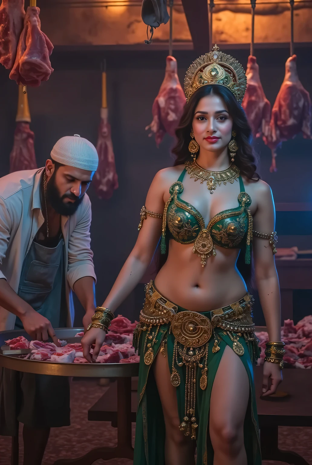 A sexy crowned hindu goddess Saraswati in a sexy dress, holding a veena and standing next to a Muslim guy in a dirty banian and islamic cap in a beef butcher shop, the Muslim guy is cutting beef, detailed digital art, highly detailed, hyper realistic, 8k, photorealistic, cinematic lighting, dramatic colors, intricate details, masterpiece