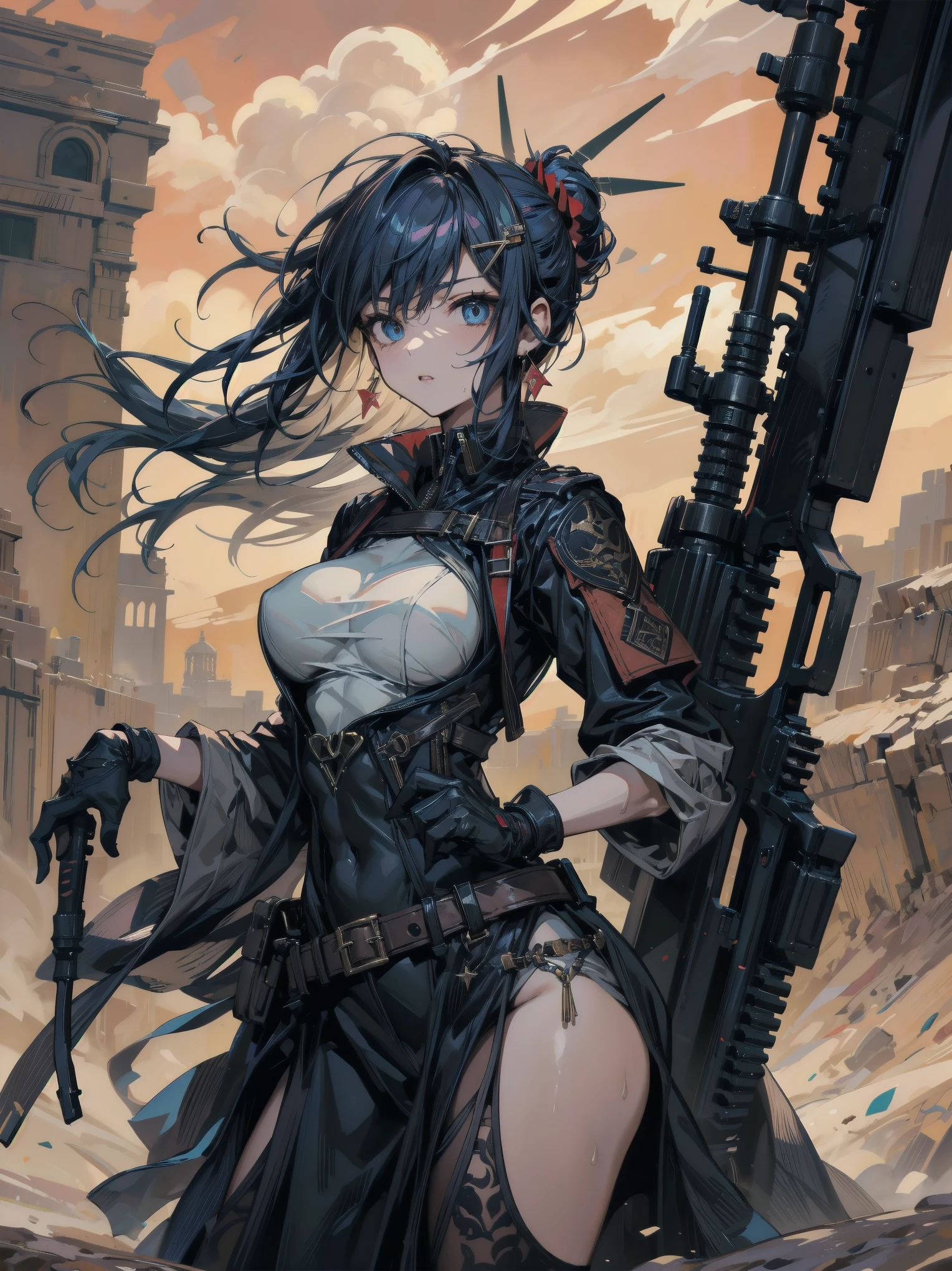 obra-prima, melhor qualidade, Cabelo longo, Mulher vestindo armadura completa do Depredador do filme, corpo completo detalhado, olhos detalhados, She is using Pulse Blades and Plasma Cannon as the predator, She wears a full Predator Biomask that is covering her face, qualidade 16k, Kinematic, sombras no corpo, ruins, Full scenario, pose de batalha dinamica, arma lazer sobre o ombro izquerdo como do Predator, todo anatomicamente correto e detalhado