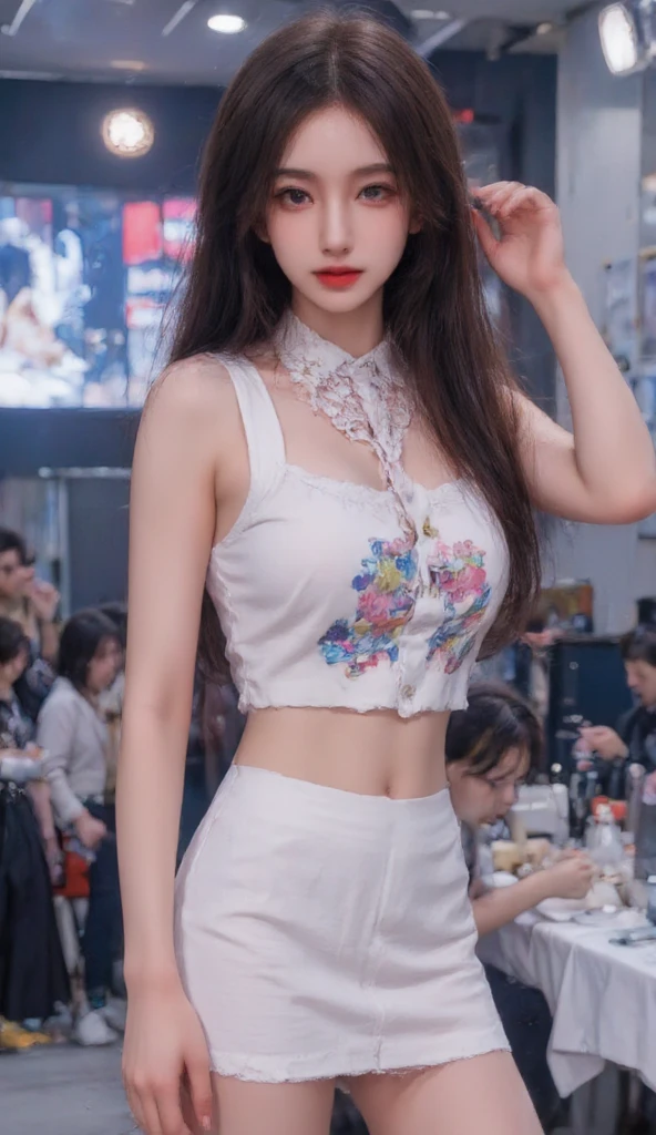 dress,fashi-girl, liuyifei,((from below)),((cowboy shot)), a beautiful girl, a young female model, random pose, elegant pose, visually appealing, masterpiece, (best quality, 4k, 8k, highres, masterpiece:1.2), ultra-detailed, ultra-fine painting, exquisite face, slender figure, smiling, radiant smile, In a bar, stand and lean against the bar counter
