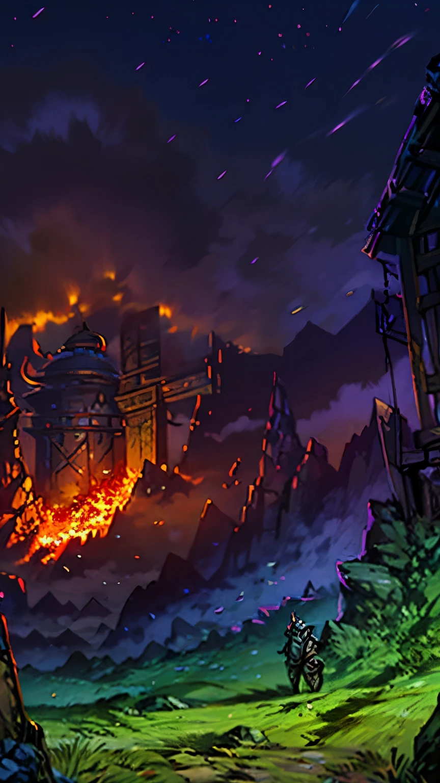 "A vast medieval battlefield at dusk, with two opposing armies clashing. One side features knights in shining armor with banners fluttering in the wind, while the other side is a dark, ominous force of orcs and shadowy creatures. The sky is fiery orange, with smoke rising from catapults and burning siege towers. Arrows rain down, and the ground is littered with broken weapons and shields. In the center, a hero wielding a glowing sword faces a monstrous foe, surrounded by chaos."