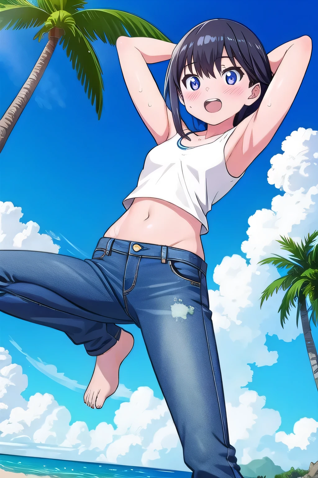 masterpiece,best quality,ultra detail, ((Perfect Face, Perfect Arms, Perfect hands, Perfect Fingers)), 1girl, , peti ((round face, ecstasy, orgasm face, drooping eyes, shame smiling, blush)), dropping eyes, sleepy, Open mouth, ((White teeth)), background((under the beach, (day:1.2), palm tree, bright sky)), rikka takarada, black hair, blue eyes, long hair, ((arms behind head, hands behind head, fingers behind head)), contrapposto, spread armpits, looking at viewer,, (white tank top:1.2), (white crop top:1.2), (jeans pants:1.2, flares jeans:1.2, skinny jeans:1.2, blue jeans:1.2), standing, (legs spread:1.4), sex pose, Sweaty crotch, Steam from the crotch, from below, ((full medium body))