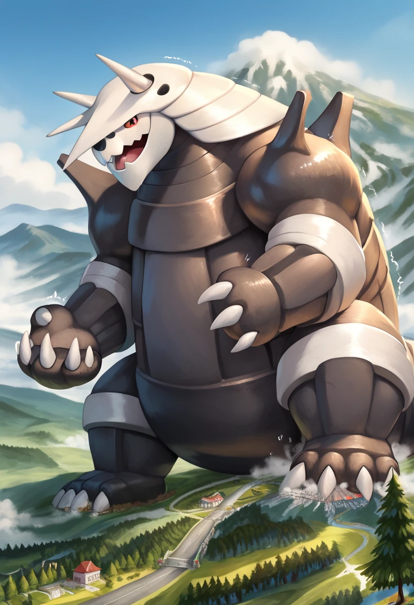 Scribble 1man, detailed, solo, alone, Aggron, feral, gentle and wild, sadness, friendly growl, a human man Transformation in to a macro size Giant feral aggron face,humanity(Aggron), chuppy, muscular, big strong muscle, ( black eyebrows :1.1),(perfect eyes), fur, (artist:takemoto arashi),aggron feet, aggron claws,( Black beard :1.3), (Massiv:3.0, ( heavyweight ,strong,Macro, Emphasize the large size of a mountain)), background ((medieval Forest, the crack in the street)), a human man Transformation in to a macro size Giant hyper muscular feral Aggron, gives a dangerous look, rating_safe, solo, close up, growth, very cramped, trembling, walk, playfull growl, powerful and strong feral Aggron, pokemon \(creature\),