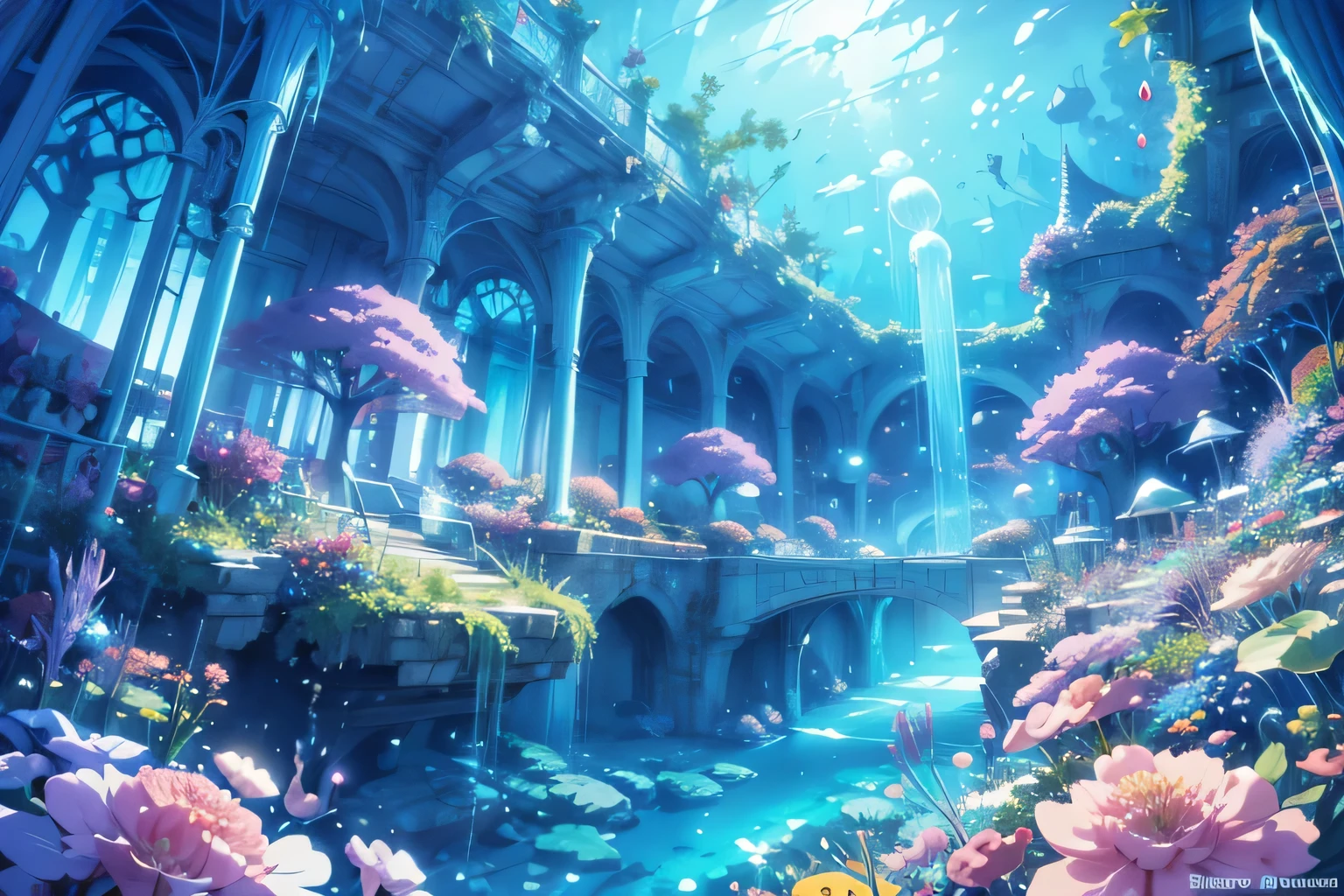 Undersea Anime Scenes , Fairytale Scenes , Pale colors、flower、Jellyfish、forest、 Fantastic、Foggy, beautiful anime scenery, Beautiful Fantasy Anime , Ross Tran. Picturesque background , Magical concept art, Anime Fantasy Illustrations , colorful animated film background, anime scenery, Magical Environment , Beautiful Concept Art