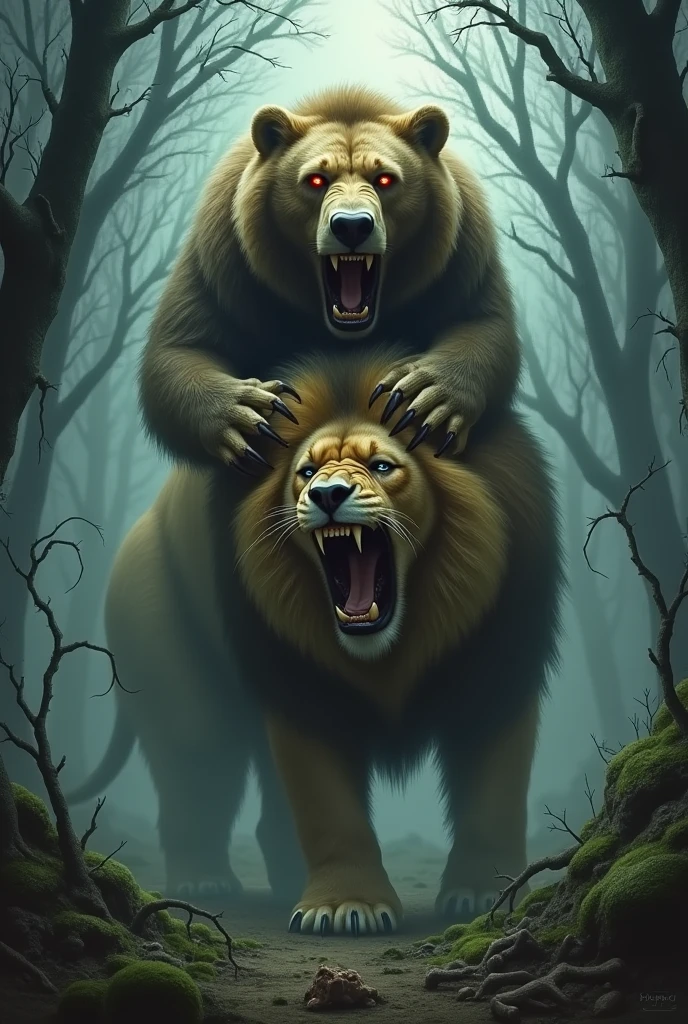 Bear holding only the head of a bloody black panther 