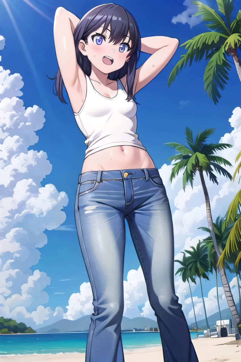 masterpiece,best quality,ultra detail, ((Perfect Face, Perfect Arms, Perfect hands, Perfect Fingers)), 1girl, , peti ((round face, ecstasy, orgasm face, drooping eyes, shame smiling, blush)), dropping eyes, sleepy, Open mouth, ((White teeth)), background((under the beach, (day:1.2), palm tree, bright sky)), rikka takarada, black hair, blue eyes, long hair, ((arms behind head, hands behind head, fingers behind head)), contrapposto, spread armpits, looking at viewer,, (white tank top:1.2), (white crop top:1.2), (jeans pants:1.2, flares jeans:1.2, skinny jeans:1.2, blue jeans:1.2), standing, (legs spread:1.4), sex pose, Sweaty crotch, Steam from the crotch, from below, ((full medium body))