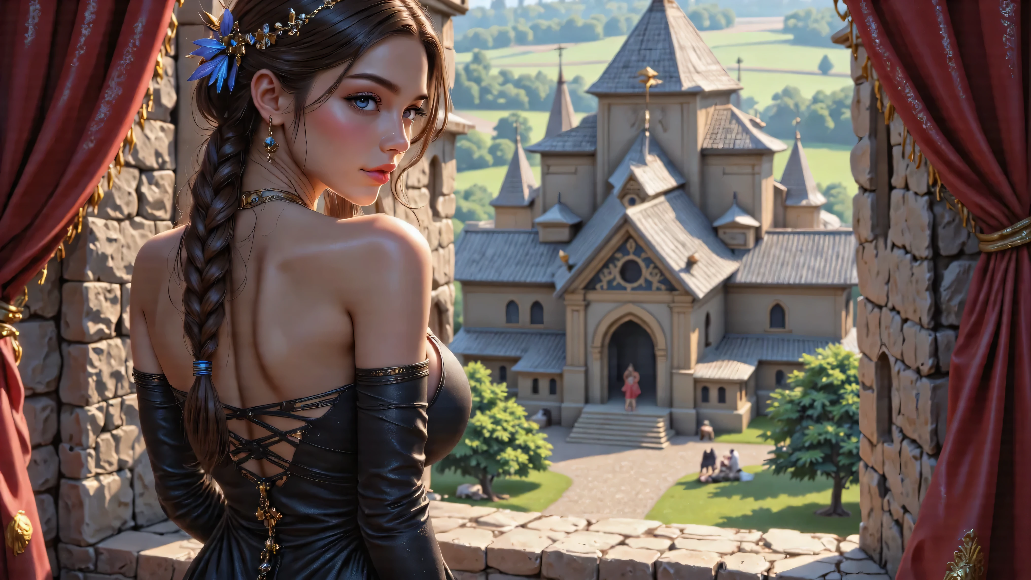 Masterpiece, Hi-detailed, best quality, 8K, (realistic), (Middle ages), ((single girl, solo, only one girl)), (cowboy shot), (close up), standing, ((servant girl)), (slave girl), ((loli)), ((makeup)), ((long eyelashes, mascara, eyeliner)), ((girl standing looking out of the window)), ((welcoming you home, excited for you)), (wanting to embrace you), ((cute, young, yr)), (tall and lanky), (Skinny), (thin frame), (fit, body), (feminine body), (small braids in her hair), (small breasts, round breasts), ((peasant clothes)), ((extremely revealing)), cleavage, beautiful, perfect face, perfect body, large eyes, blue eyes, standing looking at a beautiful vista, Middle Ages, Fantasy,
