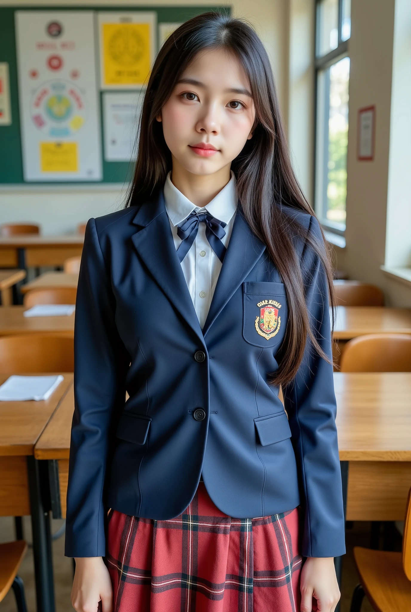  high resolution,  1 girl, solo, Full view from head to toe, front, upright, student,  long hair,  black hair,  realistic skin and texture , Blue blazer, red plaid skirt,School classroom,   realism , 