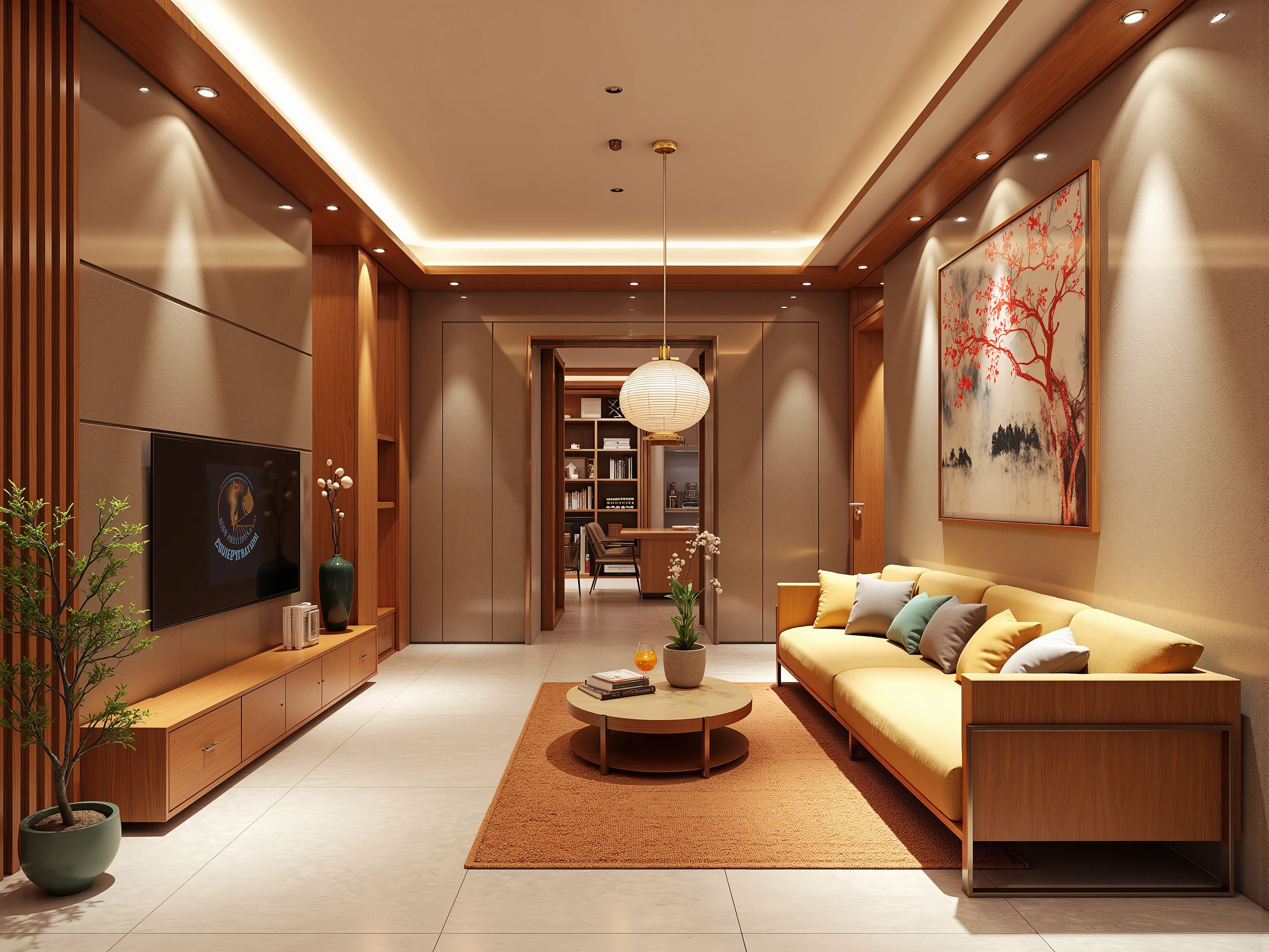 Design a modern and cozy living room with materials mainly wood and stone, bring Vietnamese Chinese New Year space . The room should have elements such as :
1. Walls and floors made of natural stone or imitation stone tiles to create a feeling of solidity , luxurious.
2. The interior is mainly made of natural wood , includes wooden sofa , TV Shelf, tea table and limbs Decorative details such as bookshelves , wardrobe .
3. Decorated space with Tet style with items items like : peach, Apricot tree , Red lantern, New Year's Eve Sentence
! 4. Tạo điểm nhấn bằng ánh sáng Yellow nhẹ từ đèn trang trí, combine with open and open spaces to create a cozy feeling , unionists.
5. The dominant color is red , Yellow, green , harmoniously combines traditional and modern elements ."