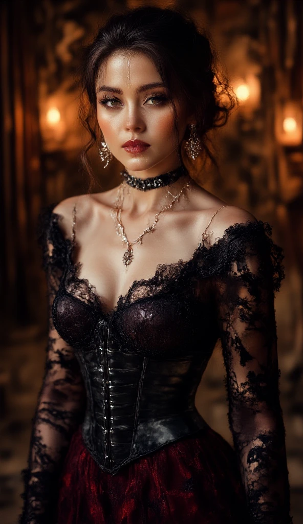 A beautiful redheaded Asian young girl, intricate gothic black 1860's dress and corset, extremely long, smooth, extremely silky hair, very large breasts, detailed lingerie, many silver chains, moon light, dark gothic makeup, dramatic lighting, rich colors, extremely detailed, 1890s clothes, magical fantasy atmosphere, concept art, panorama, high resolution, Lengerie, detailed face with beautiful eyes and lips, photorealistic, fantasy, dark academia, 1890, dramatic lighting, rich colors, red hair, intricate details, dark girl, long very very very silky hair, lengerie elegant elf dress, very big tits, dense forest, no sunlight, detailed face and eyes,(best quality,4k,8k,highres,masterpiece:1.2),ultra-detailed, 1890 clothes (realistic,photorealistic,photo-realistic:1.37),magical fantasy atmosphere,fantasy,concept art
