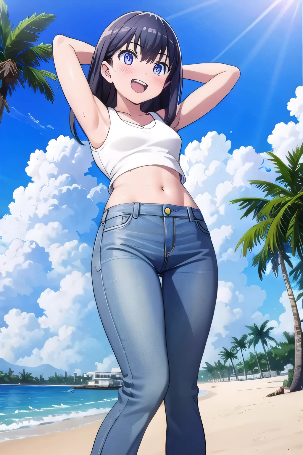 masterpiece,best quality,ultra detail, ((Perfect Face, Perfect Arms, Perfect hands, Perfect Fingers)), 1girl, , peti ((round face, ecstasy, orgasm face, drooping eyes, shame smiling, blush)), dropping eyes, sleepy, Open mouth, ((White teeth)), background((under the beach, (day:1.2), palm tree, bright sky)), rikka takarada, black hair, blue eyes, long hair, ((arms behind head, hands behind head, fingers behind head)), contrapposto, spread armpits, looking at viewer,, (white tank top:1.2), (white crop top:1.2), (jeans pants:1.2, flares jeans:1.2, skinny jeans:1.2, blue jeans:1.2), standing, (legs spread:1.4), sex pose, Sweaty crotch, Steam from the crotch, from below, ((full medium body))
