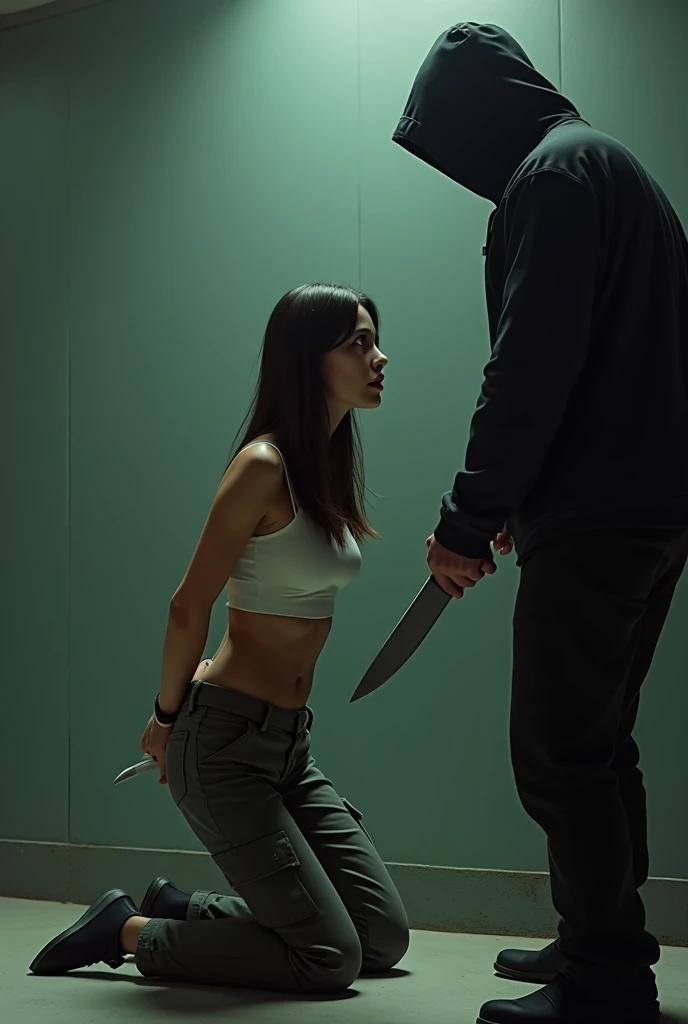 black woman hair in a bun black hoodie black leather short shorts crawling through window as the killer stabs her with a knife blood splatters backside view