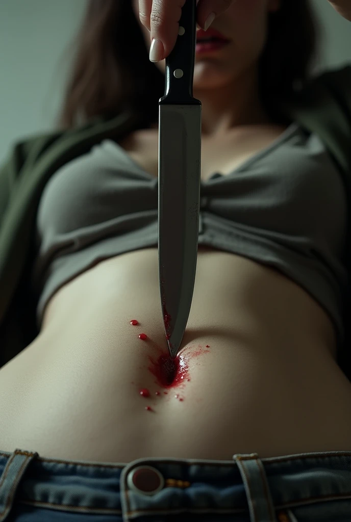 I stick a knife in a woman's navel,(first person) on voit ma main enfoncer le couteau ,(Seule la poignée du couteau reste, coming out of the navel, the rest is deeply embedded)