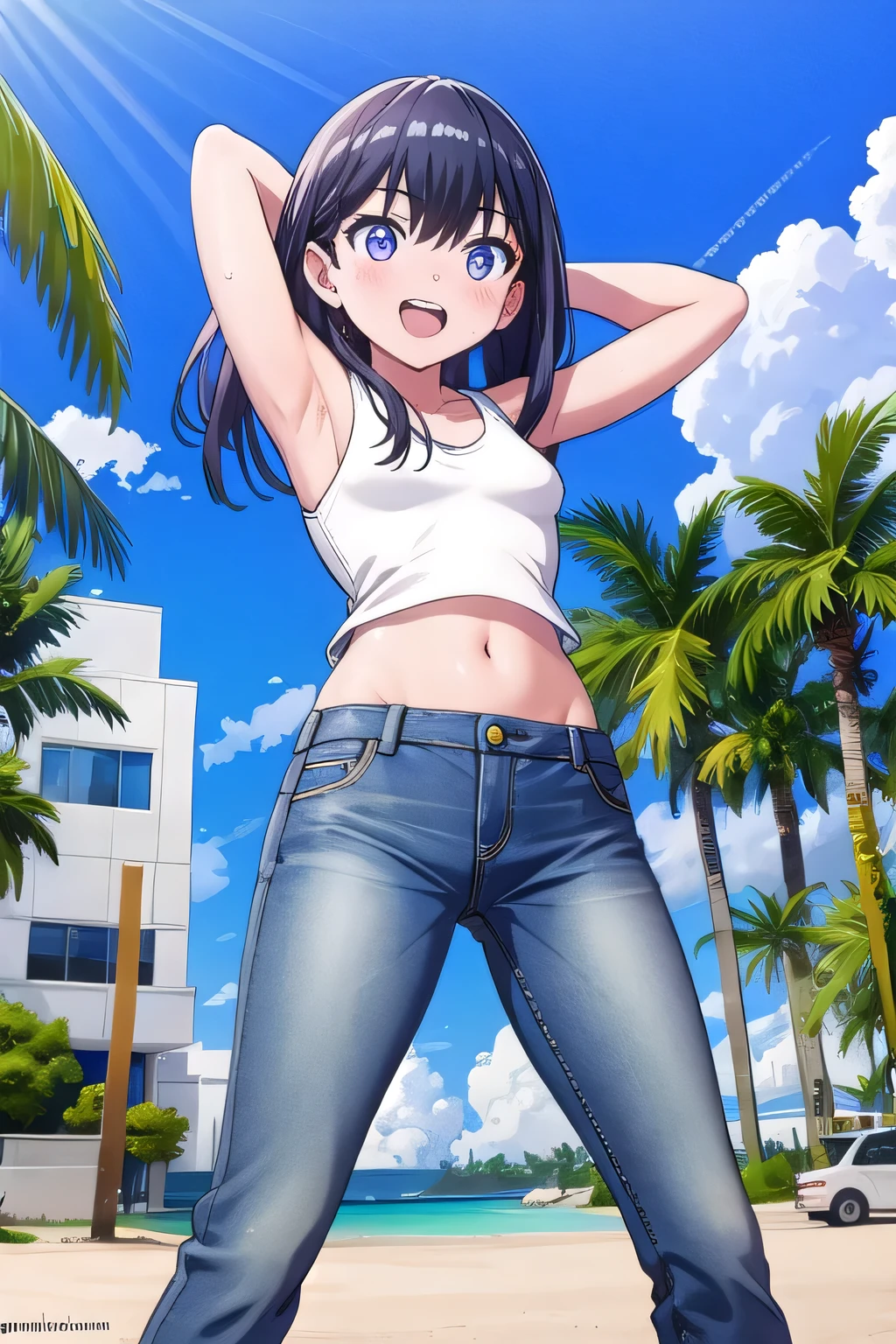 masterpiece,best quality,ultra detail, ((Perfect Face, Perfect Arms, Perfect hands, Perfect Fingers)), 1girl, 14yo, petite, ((round face, ecstasy, orgasm face, drooping eyes, shame smiling, blush)), dropping eyes, sleepy, Open mouth, ((White teeth)), background((under the beach, (day:1.2), palm tree, bright sky)), rikka takarada, black hair, blue eyes, long hair, ((arms behind head, hands behind head, fingers behind head)), contrapposto, spread armpits, looking at viewer,, (white tank top:1.2), (white crop top:1.2), (jeans pants:1.2, flares jeans:1.2, skinny jeans:1.2, blue jeans:1.2), standing, (legs spread:1.4), sex pose, Sweaty crotch, Steam from the crotch, from below, ((full medium body))