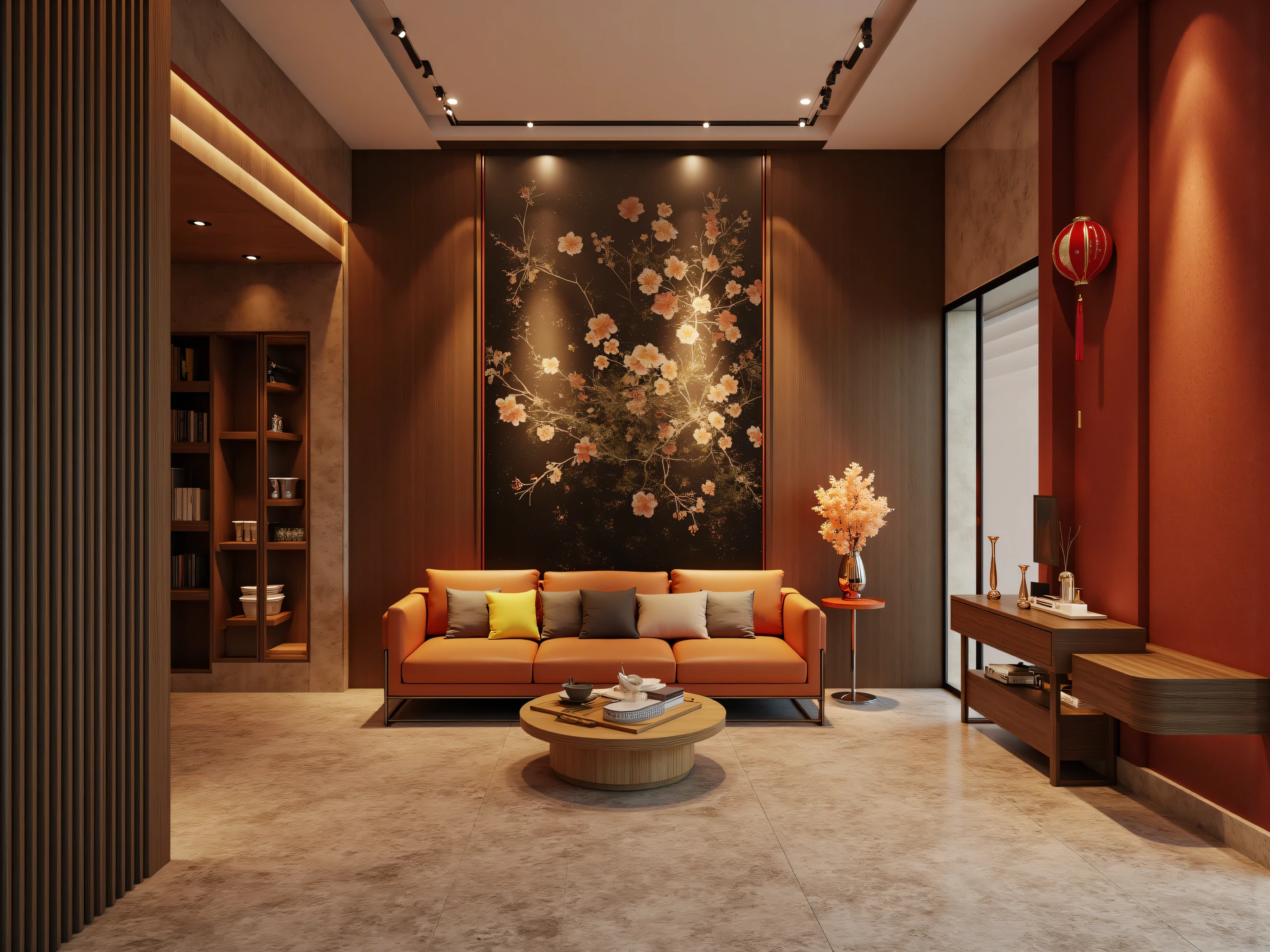 Design a modern and cozy living room with materials mainly wood and stone, bring Vietnamese Chinese New Year space . The room should have elements such as :
1. Walls and floors made of natural stone or imitation stone tiles to create a feeling of solidity , luxurious.
2. The interior is mainly made of natural wood , includes wooden sofa , TV Shelf, tea table and limbs Decorative details such as bookshelves , wardrobe .
3. Decorated space with Tet style with items items like : peach, Apricot tree , Red lantern, New Year's Eve Sentence
! 4. Tạo điểm nhấn bằng ánh sáng Yellow nhẹ từ đèn trang trí, combine with open and open spaces to create a cozy feeling , unionists.
5. The dominant color is red , Yellow, green , harmoniously combines traditional and modern elements ."