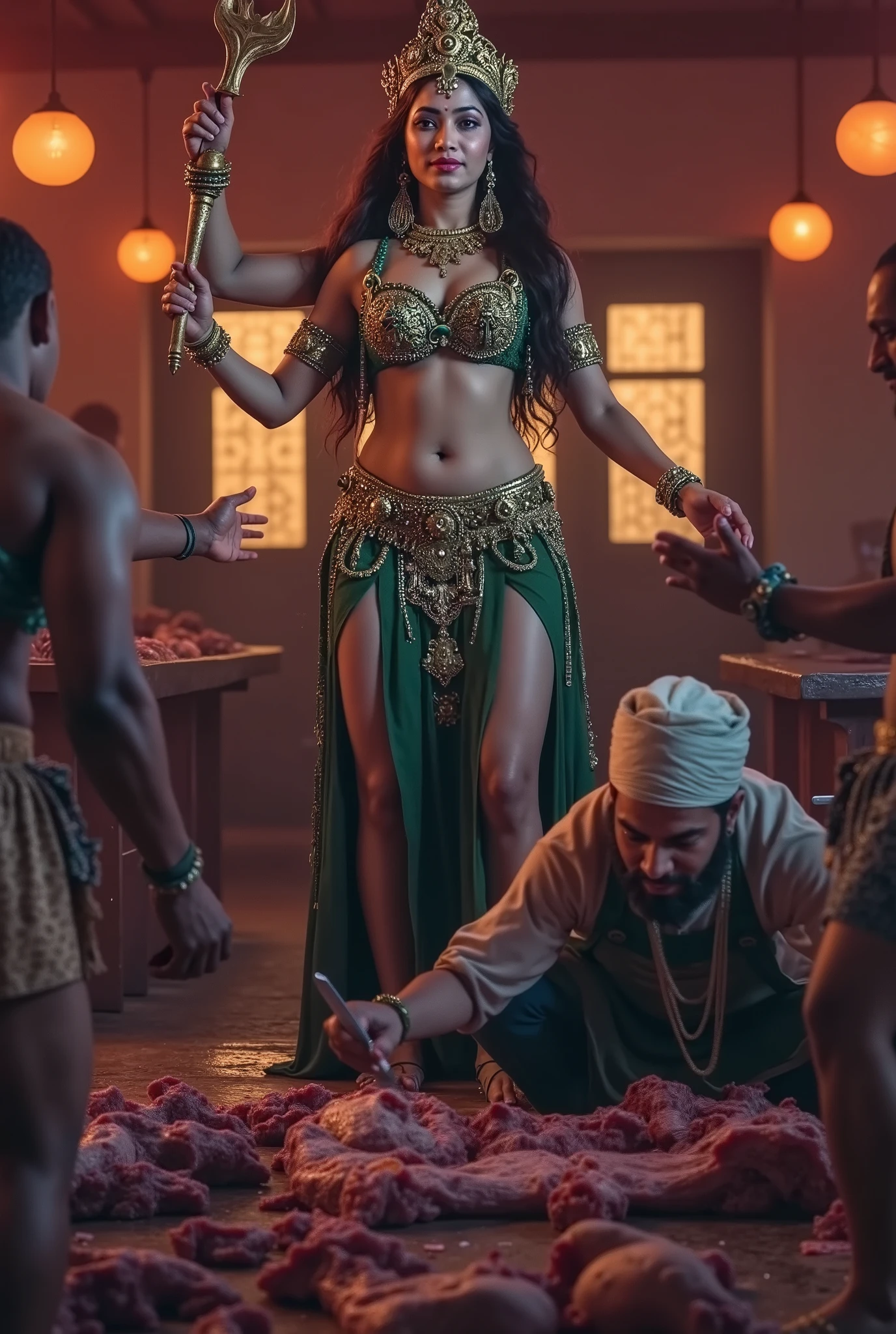 A sexy crowned hindu goddess Devi Durga in a sexy dress, holding a trishul and standing next to a Muslim guy in a dirty banian and islamic cap in a beef butcher shop, the Muslim guy is cutting beef, detailed digital art, highly detailed, hyper realistic, 8k, photorealistic, cinematic lighting, dramatic colors, intricate details, masterpiece,8k,HDR