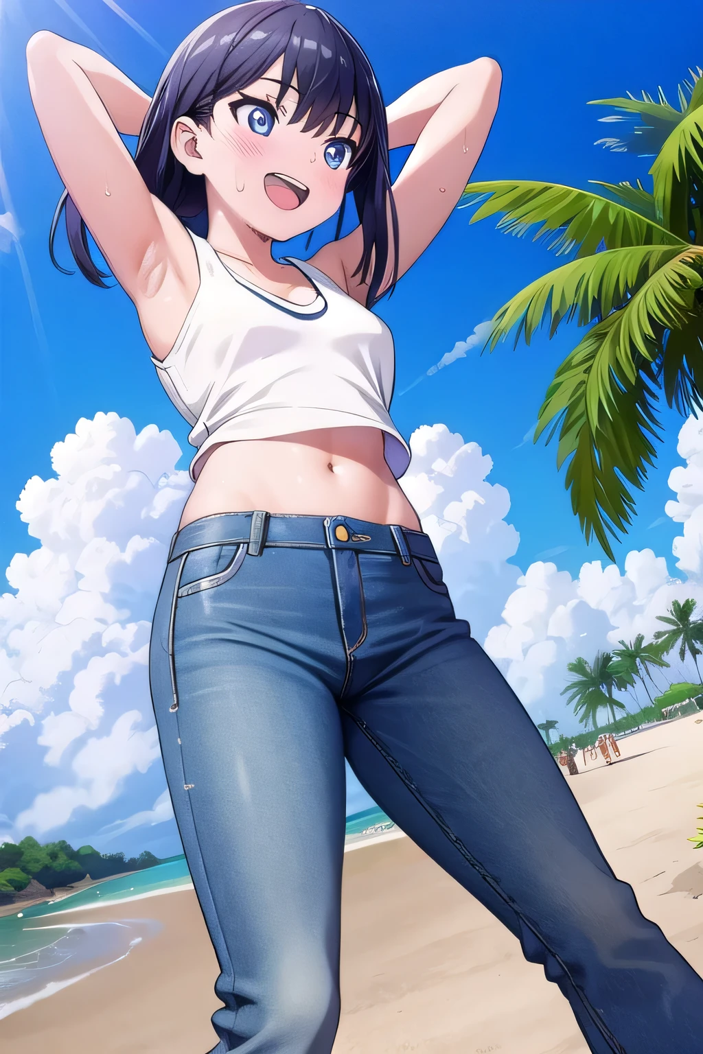 masterpiece,best quality,ultra detail, ((Perfect Face, Perfect Arms, Perfect hands, Perfect Fingers)), 1girl, , peti ((round face, ecstasy, orgasm face, drooping eyes, shame smiling, blush)), dropping eyes, sleepy, Open mouth, ((White teeth)), background((under the beach, (day:1.2), palm tree, bright sky)), rikka takarada, black hair, blue eyes, long hair, ((arms behind head, hands behind head, fingers behind head)), contrapposto, spread armpits, looking at viewer,, (white tank top:1.2), (white crop top:1.2), (jeans pants:1.2, flares jeans:1.2, skinny jeans:1.2, blue jeans:1.2), standing, (legs spread:1.4), sex pose, Sweaty crotch, Steam from the crotch, from below, ((full medium body))