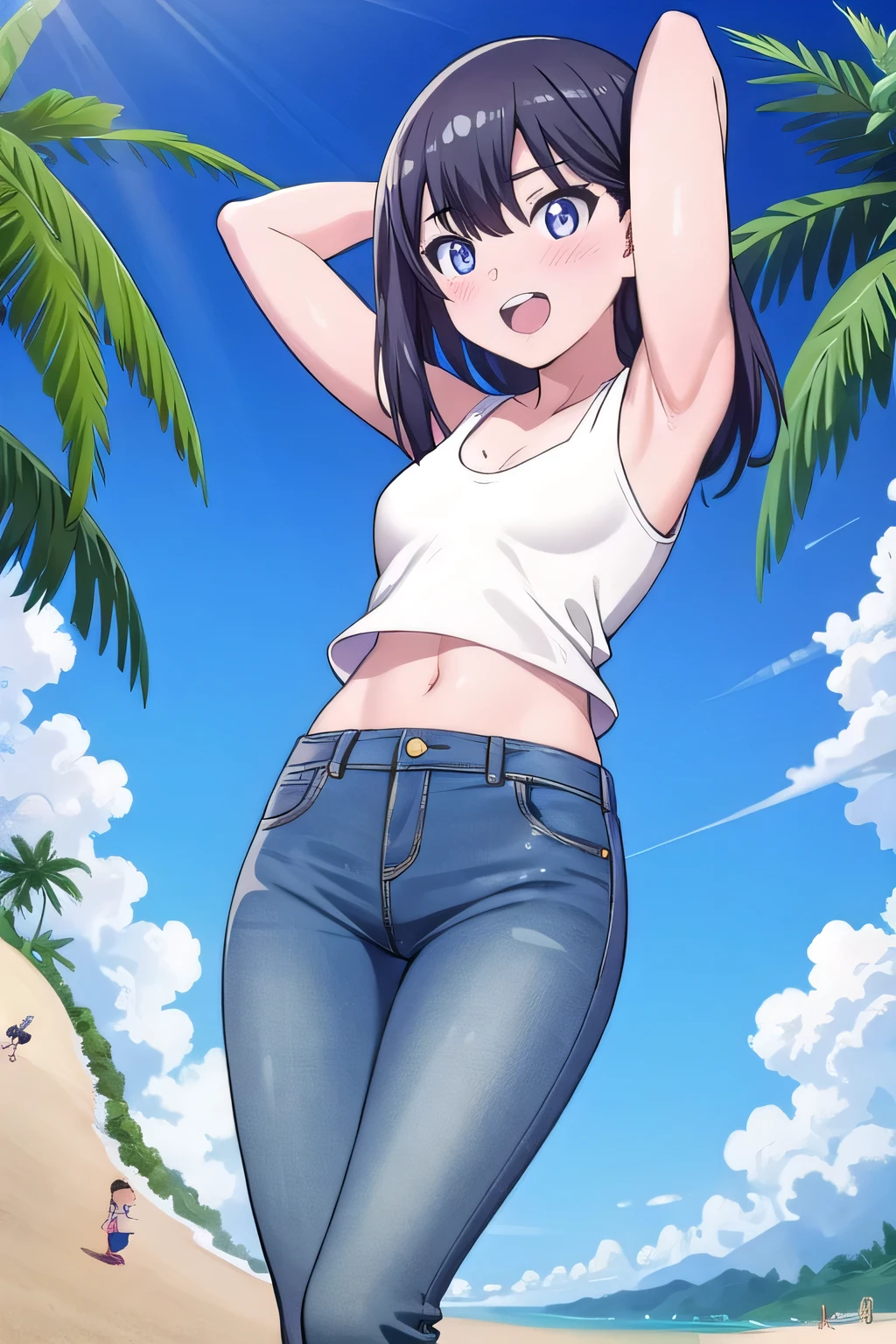 masterpiece,best quality,ultra detail, ((Perfect Face, Perfect Arms, Perfect hands, Perfect Fingers)), 1girl, , peti ((round face, ecstasy, orgasm face, drooping eyes, shame smiling, blush)), dropping eyes, sleepy, Open mouth, ((White teeth)), background((under the beach, (day:1.2), palm tree, bright sky)), rikka takarada, black hair, blue eyes, long hair, ((arms behind head, hands behind head, fingers behind head)), contrapposto, spread armpits, looking at viewer,, (white tank top:1.2), (white crop top:1.2), (jeans pants:1.2, flares jeans:1.2, skinny jeans:1.2, blue jeans:1.2), standing, (legs spread:1.4), sex pose, Sweaty crotch, Steam from the crotch, from below, ((full medium body))