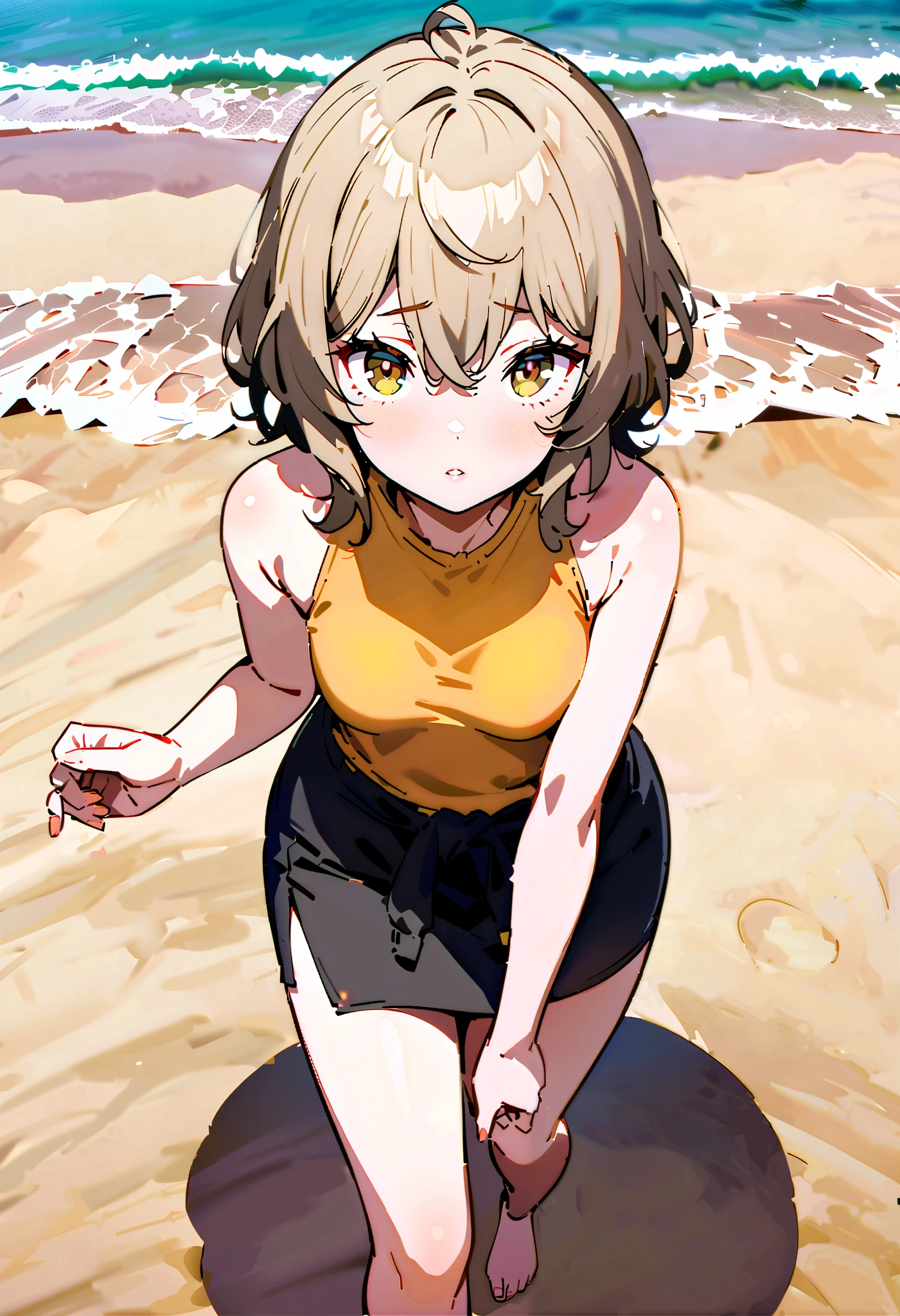   Liliru Card, Lilyrka is burning  ,    brown eyes,    tea hair,    short hair while on a business trip,  small boobs ,Yellow bikini swimsuit,黒色   Beach   サロン, I am wearing a long black skirt around my waist,   walking   ,   barefoot,Bare legs,whole bodyがイラストに入るように,
break looking at viewer,whole body,
break indoors,  sandy beach,   Beach   ,, 
break (Masterpiece:1.2),    best quality   ,    high resolution,    Unity 8K Wallpaper  , (shape:0.8), (   accurate and beautiful eyes  :1.6),     very elaborate face  ,    PERFECT LIGHTING   ,    I rely on very accurate CG , (perfect hand,    perfect anatomy),