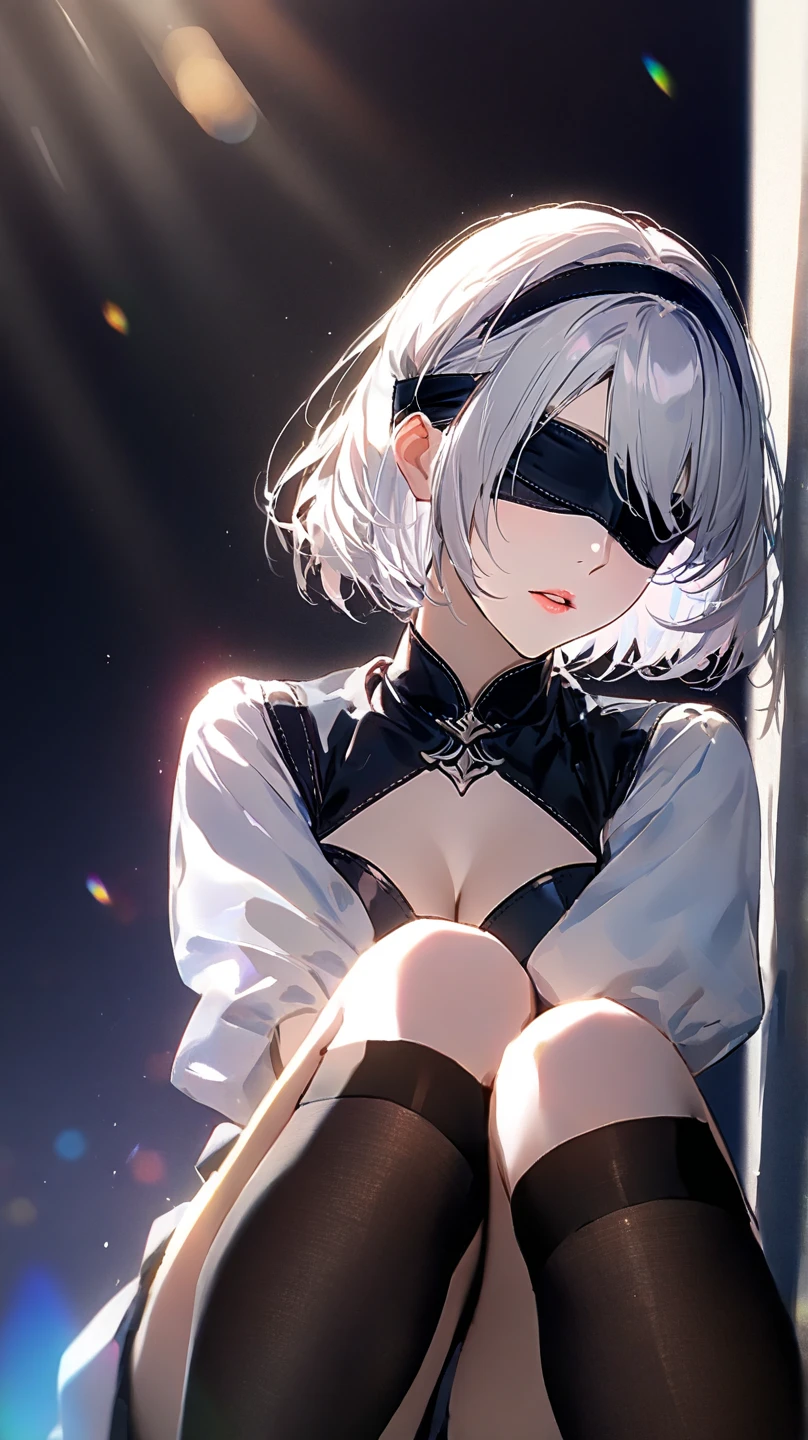 8k, ultra realistic, masterpiece, best quality, ultra detailed, beautiful face, beautiful skin, photorealistic, (professional lighting:1.2), nier_automata, 2B, (((face without blindfold))), (((no blindfold))), white hair, short hair, black_dress, black_hairband, robot_joints, android, cyborg, clothing_cutout, light smile, pearl necklace, looking at viewer, (((full body))), focus on face, ultra sharp, on street in business district, ultra detailed photo background, (((Inside a ruined building in the near future, lying face up on the bed, an inviting gesture,  the face is blindfolded)))