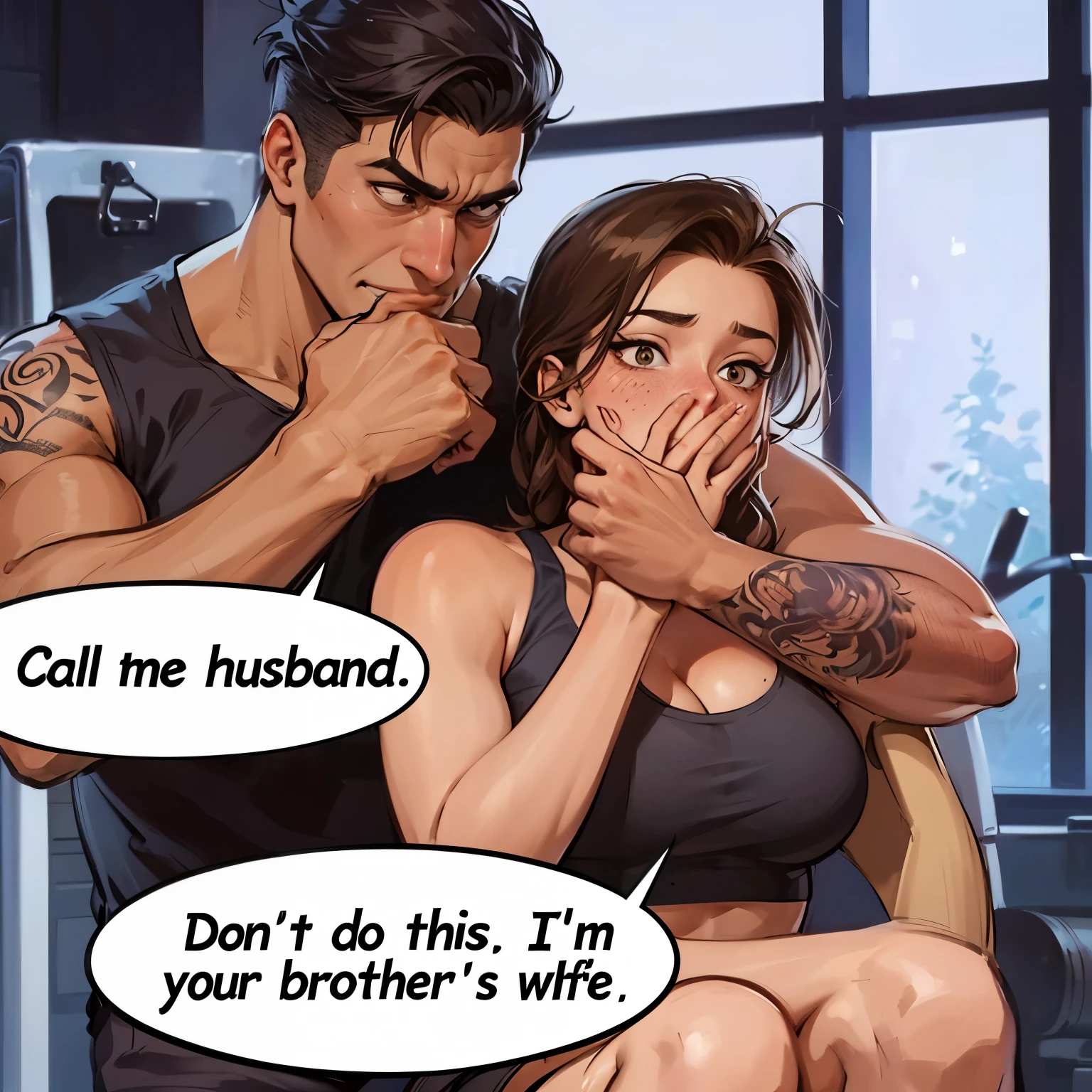  This is a comic illustration 。There is a man and a woman in the picture， A man with a strong figure ，Tattoo on arm，Wear a sleeveless top，He puts one hand around his mouth ， The other hand holds a woman's hand around her mouth， with a smile on your face 。 A woman wears a sports vest ，Surprised expression， red cheeks 。