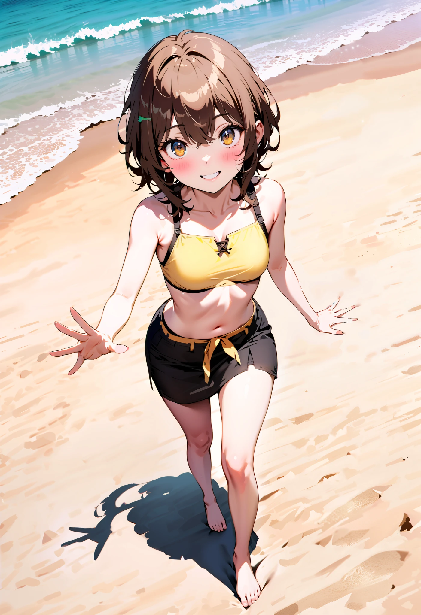 NSFW,(One girl:1.5),subaru_bikini、Striped bikini、Ribbon Hairband、Two-tone jacket、barefoot,(Perfect hands),(Perfect Anatomy),(masterpiece),(highest quality),(Frustrated face:1.5),Embarrassed,blush,beach,Palm tree,Rock Shade