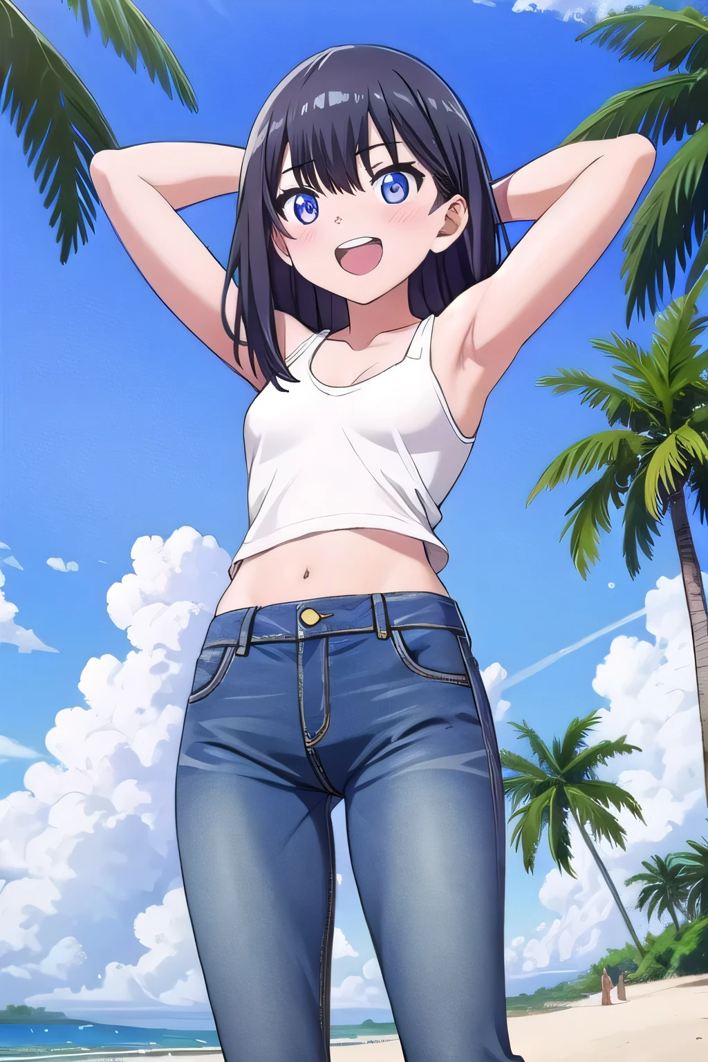 masterpiece,best quality,ultra detail, ((Perfect Face, Perfect Arms, Perfect hands, Perfect Fingers)), 1girl, , peti ((round face, ecstasy, orgasm face, drooping eyes, shame smiling, blush)), dropping eyes, sleepy, Open mouth, ((White teeth)), background((under the beach, (day:1.2), palm tree, bright sky)), rikka takarada, black hair, blue eyes, long hair, ((arms behind head, hands behind head, fingers behind head)), contrapposto, spread armpits, looking at viewer,, (white tank top:1.2), (white crop top:1.2), (jeans pants:1.2, flares jeans:1.2, skinny jeans:1.2, blue jeans:1.2), standing, (legs spread:1.4), sex pose, from below, ((full medium body))